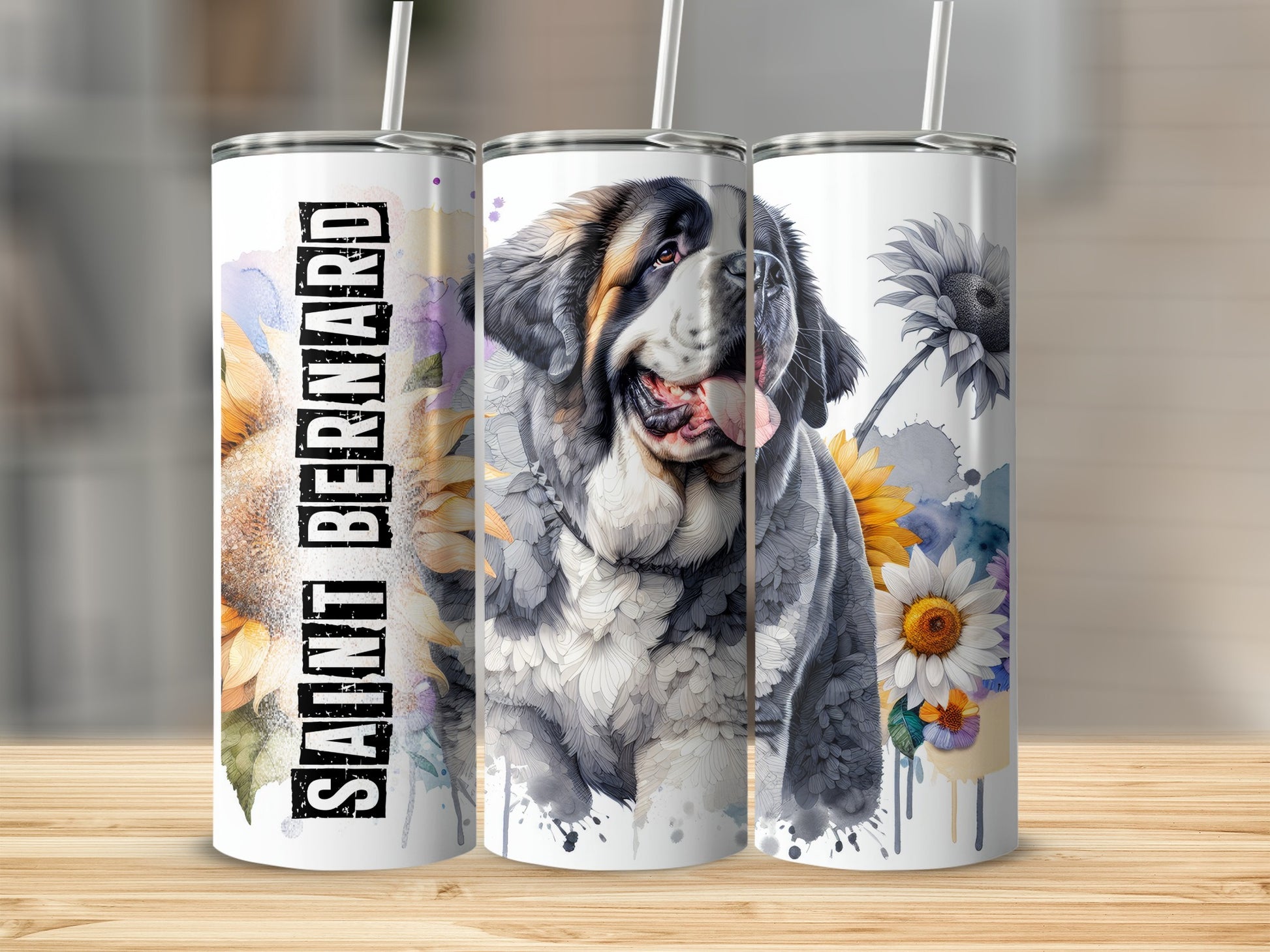 Saint Bernard dog with sunflowers and floral watercolor accents on three tumblers.