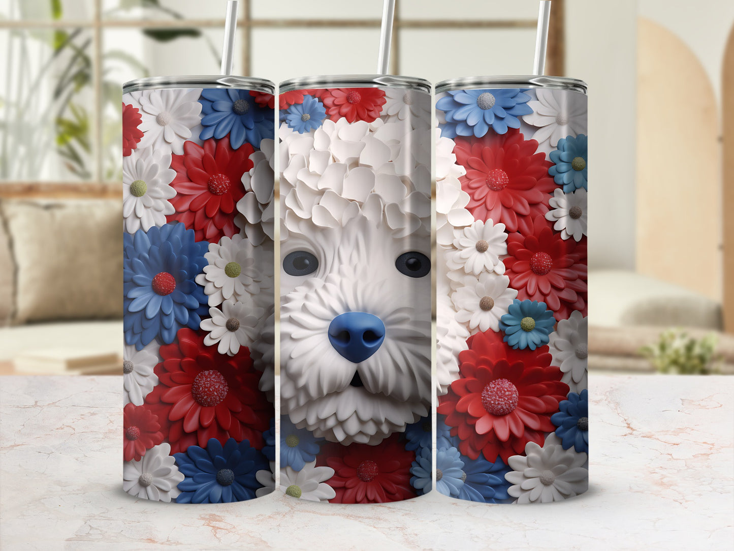 White dog face surrounded by red, white, and blue flowers on a tumbler.