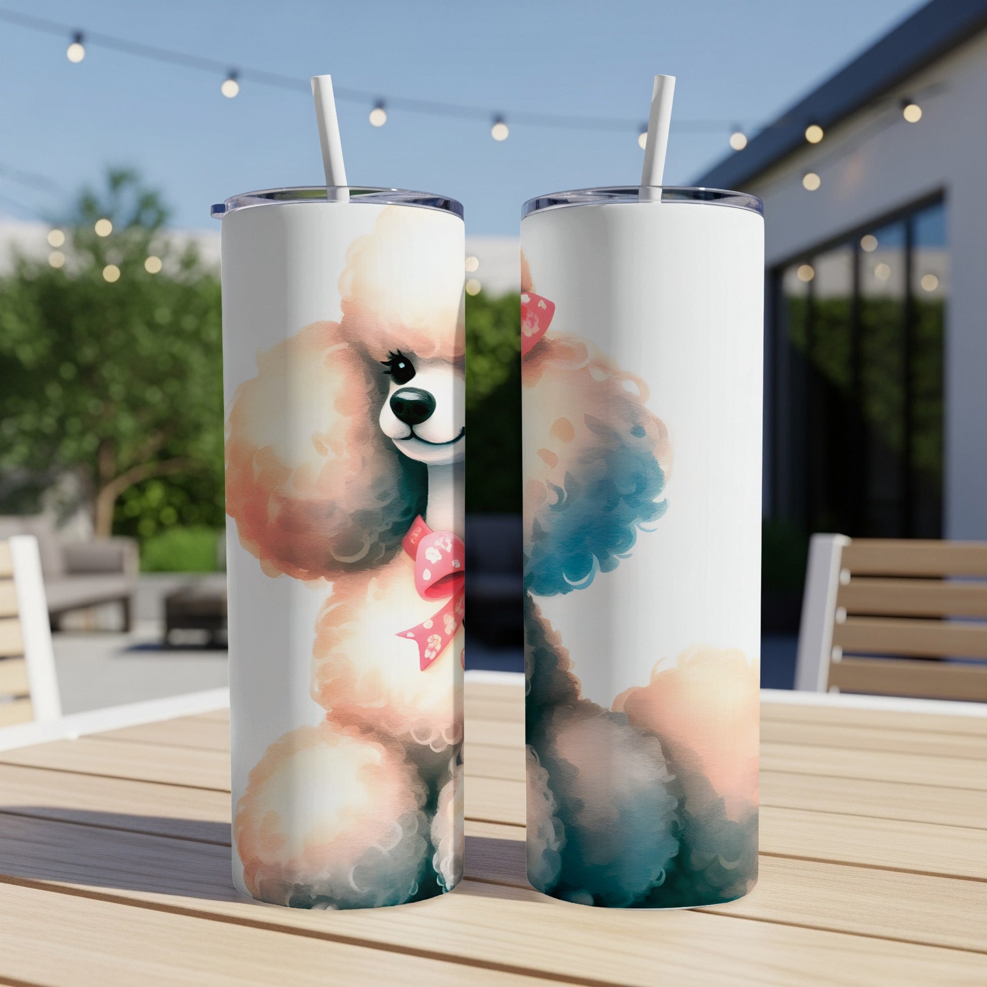 Two tall tumblers featuring a watercolor poodle with a pink bow.