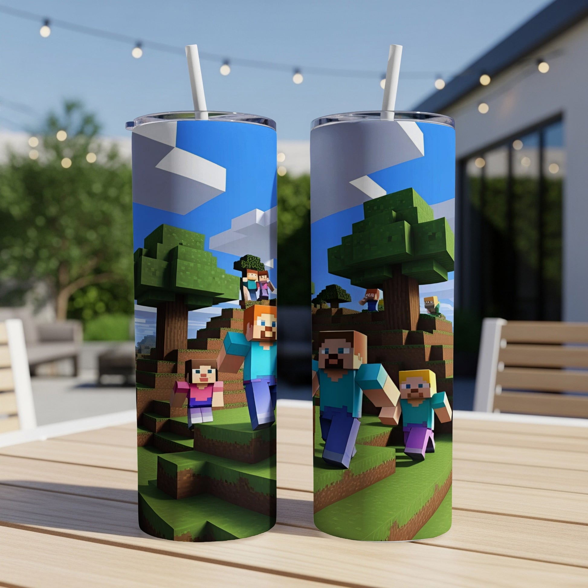 Minecraft characters Steve and Alex walk through a blocky landscape.