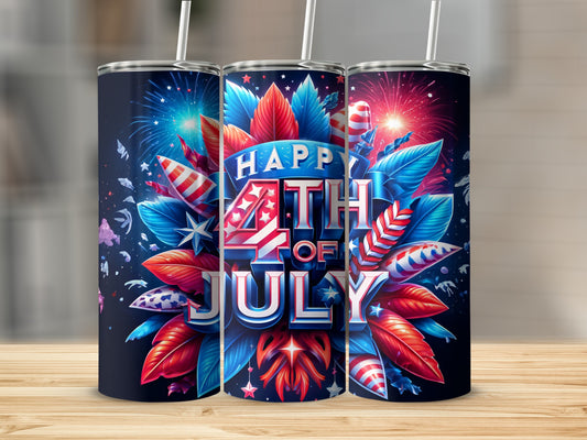 Three tumblers with "Happy 4th of July" and fireworks design.