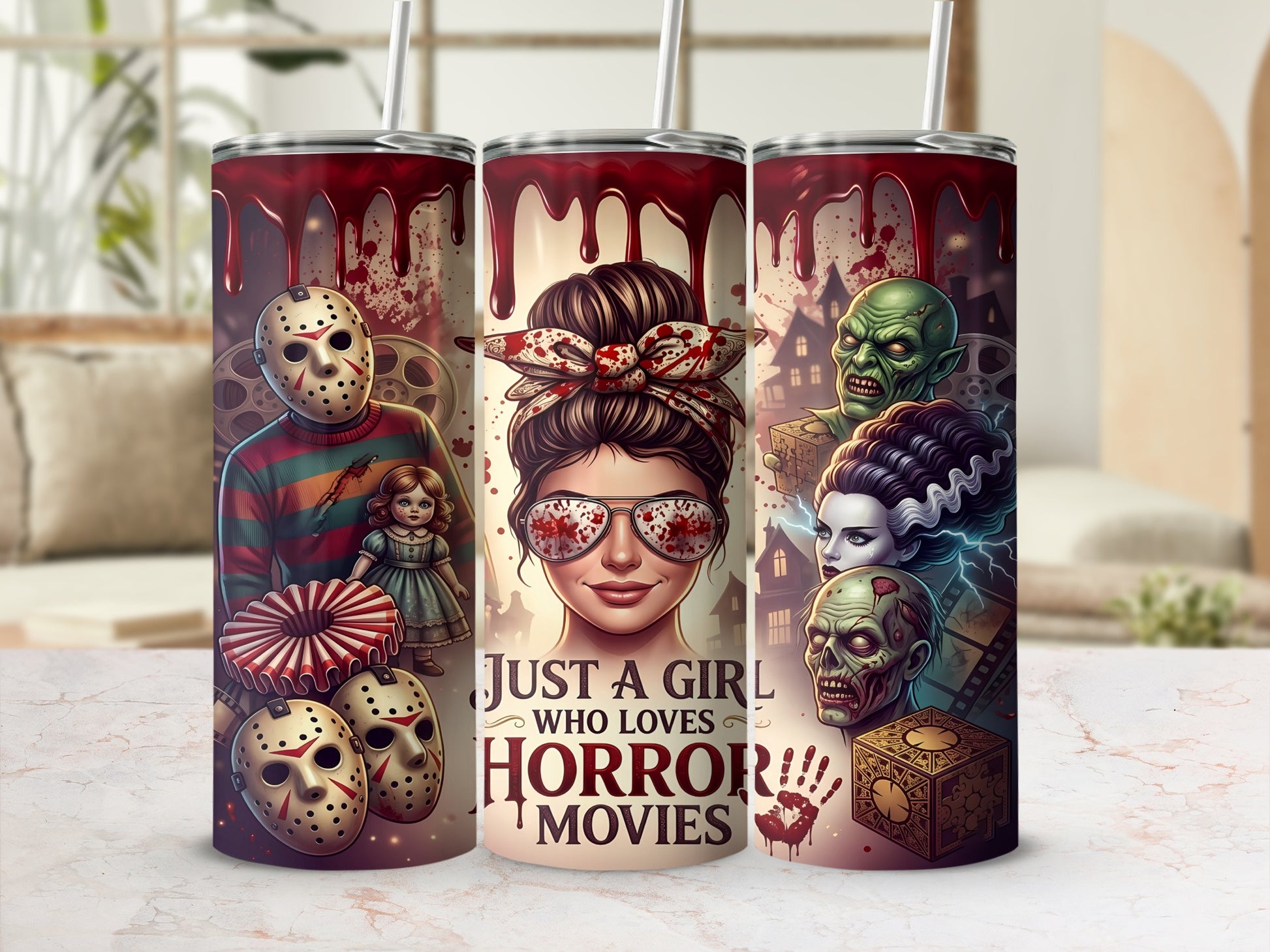 Tumbler design featuring horror movie icons and text "Just a girl who loves horror movies."
