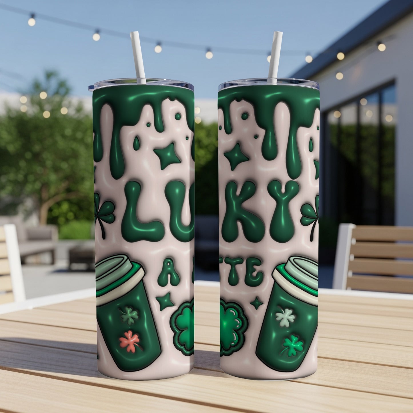 Two St. Patrick's Day themed tumblers with "Lucky Latte" text and shamrock designs.