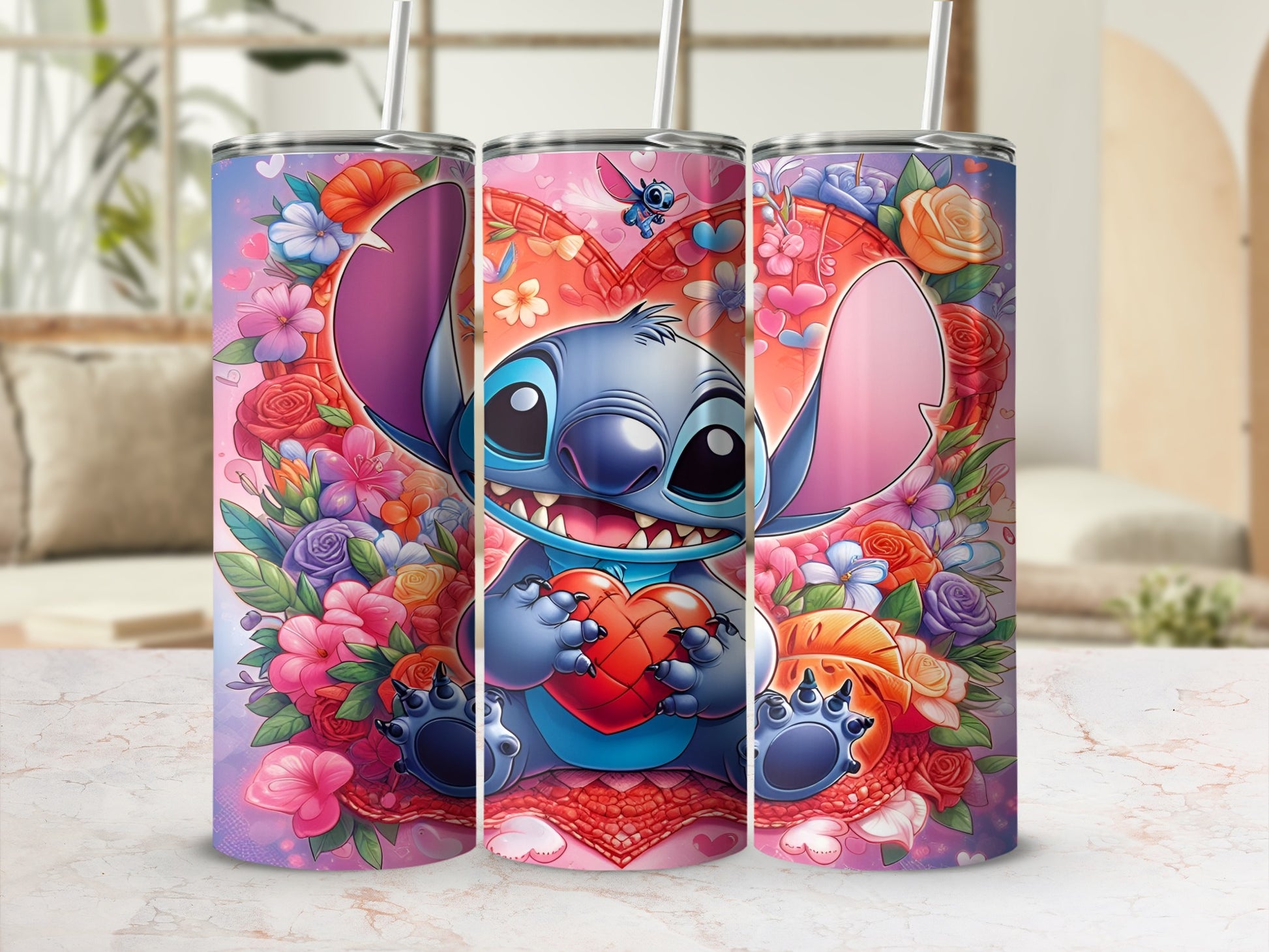 Stitch holding a heart, surrounded by colorful flowers and butterflies.