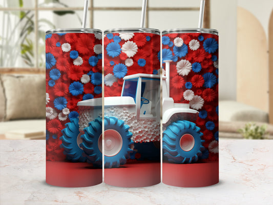 Tractor with red, white, and blue floral pattern on a white tumbler.