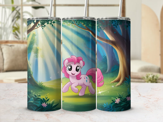 Pink unicorn with a diamond cutout on her flank in a sunlit forest.
