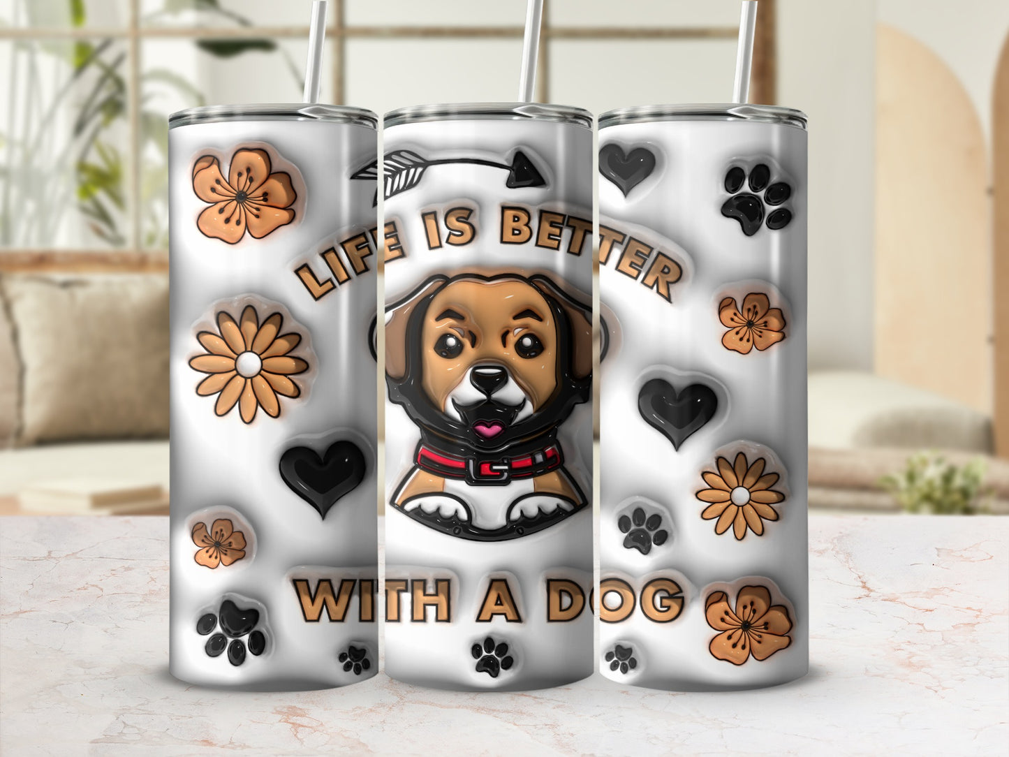 Tumbler with a dog graphic and "Life is better with a dog" text.