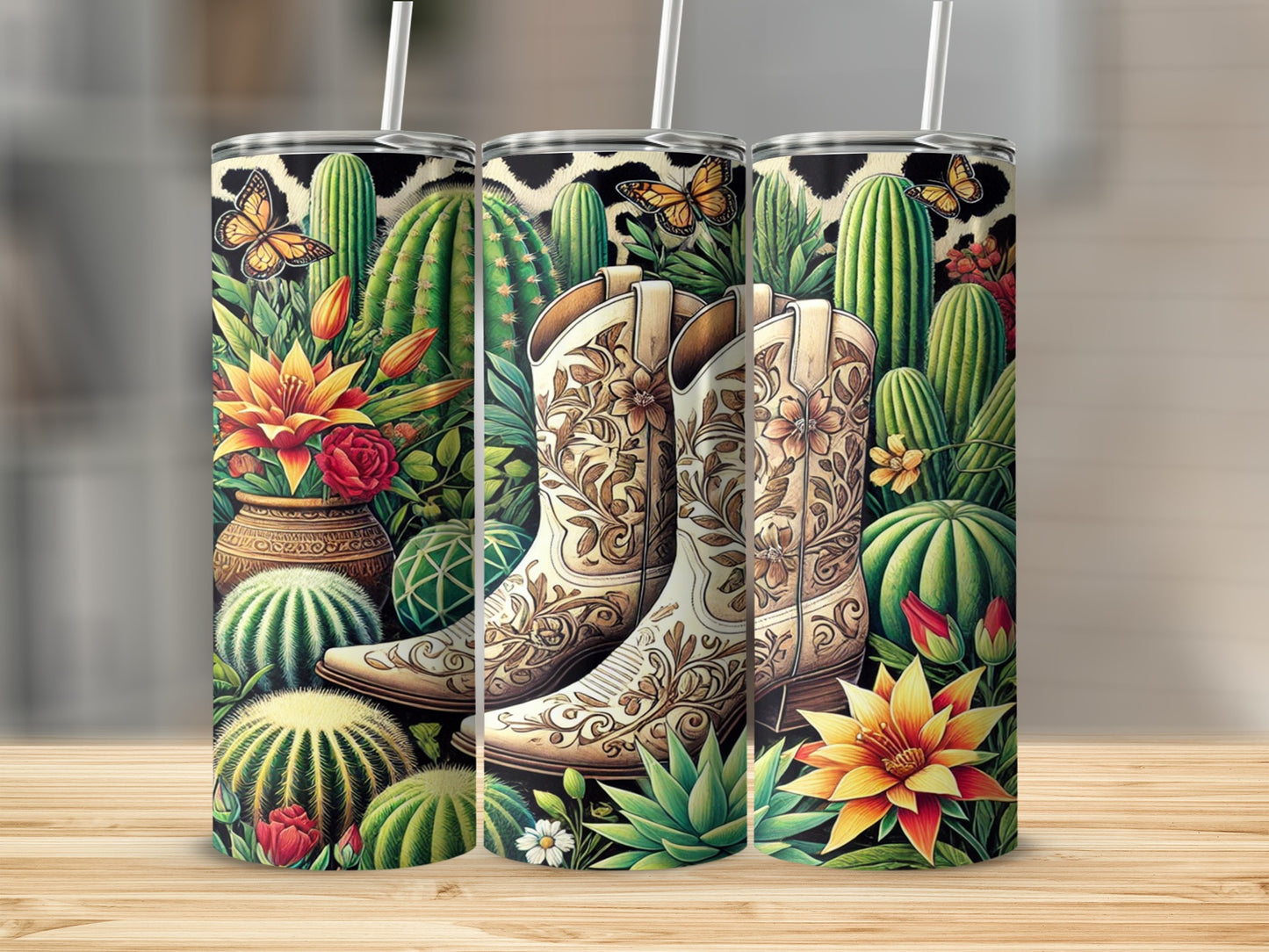 Southwestern Themed Cactus And Boots Tumbler Design