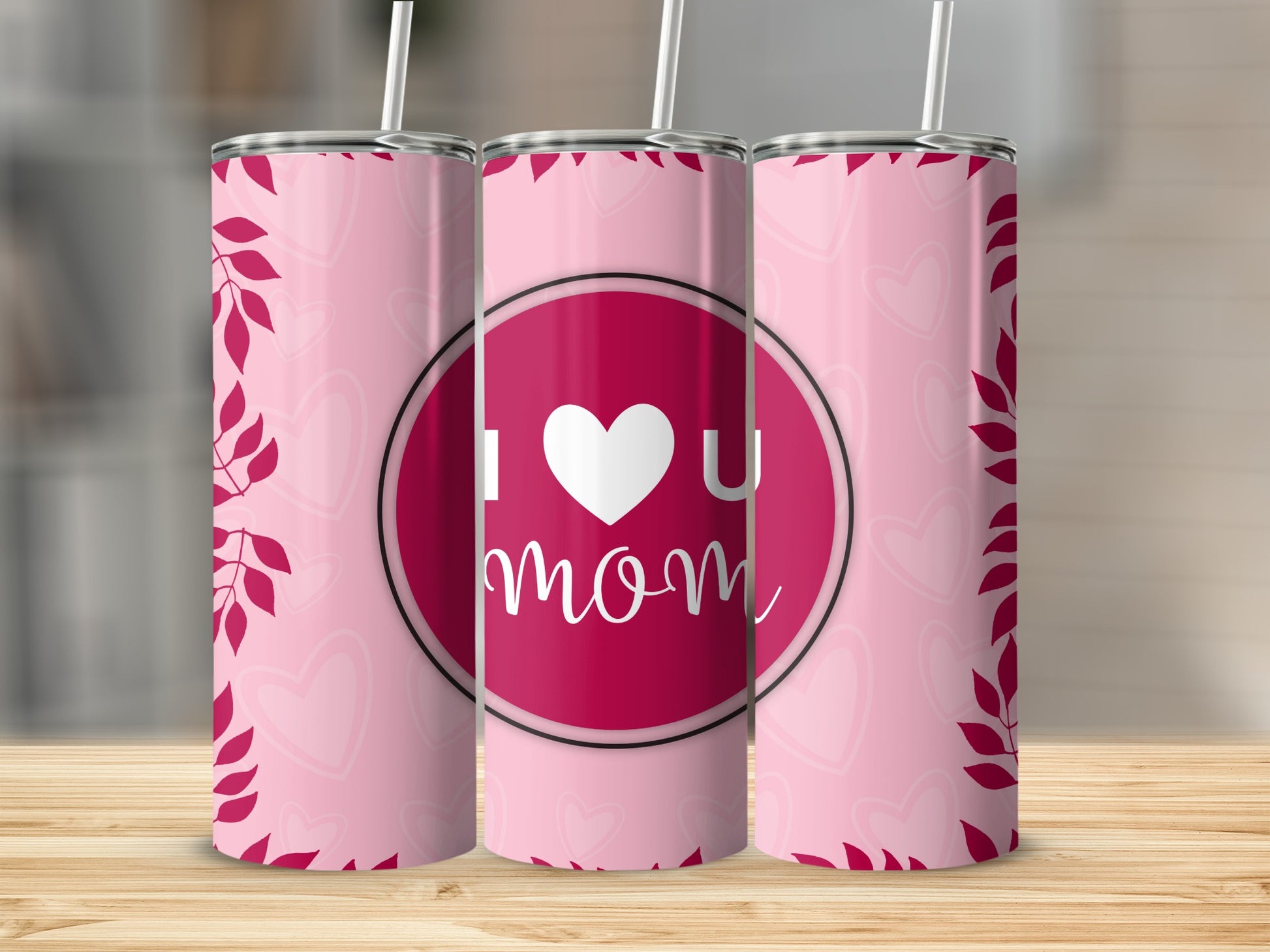 I Love You Mom Pink Heart Design Tumbler Drinkware