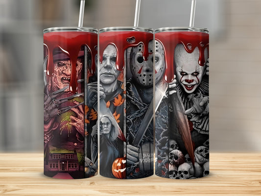 Horror movie characters including Freddy Krueger, Michael Myers, and Pennywise on tumblers.