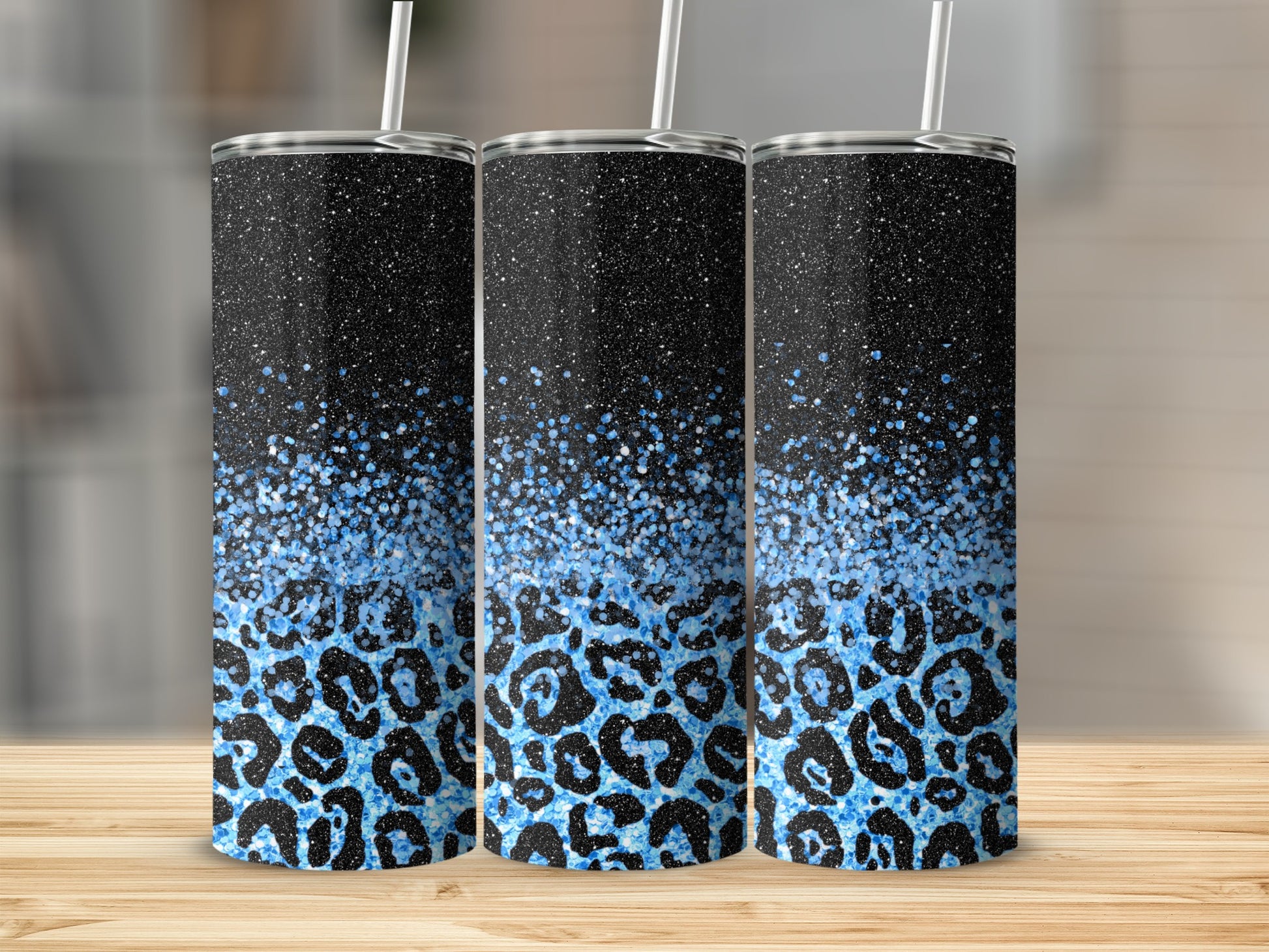 Blue and Black Glitter Leopard Print Tumbler Product