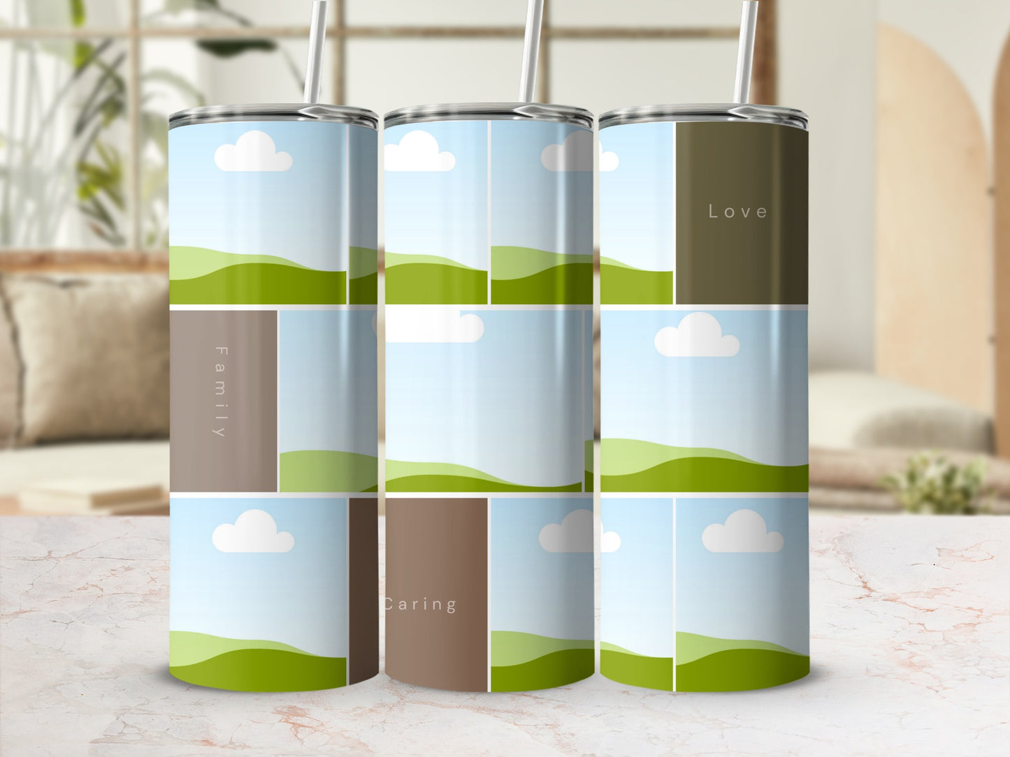 Tumbler with green rolling hills, blue sky, clouds, and text: Family, Love, Caring.