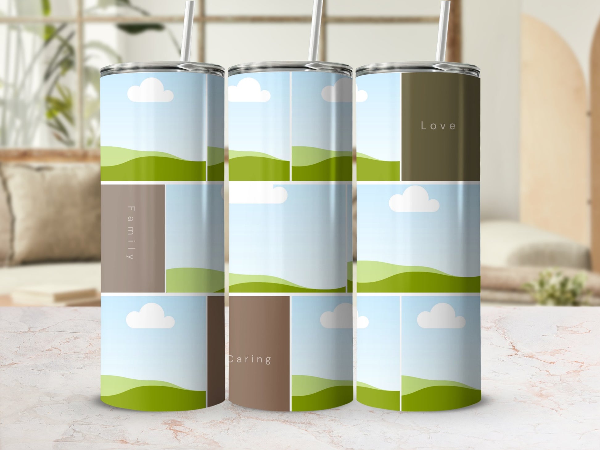 Tumbler with green rolling hills, blue sky, clouds, and text: Family, Love, Caring.