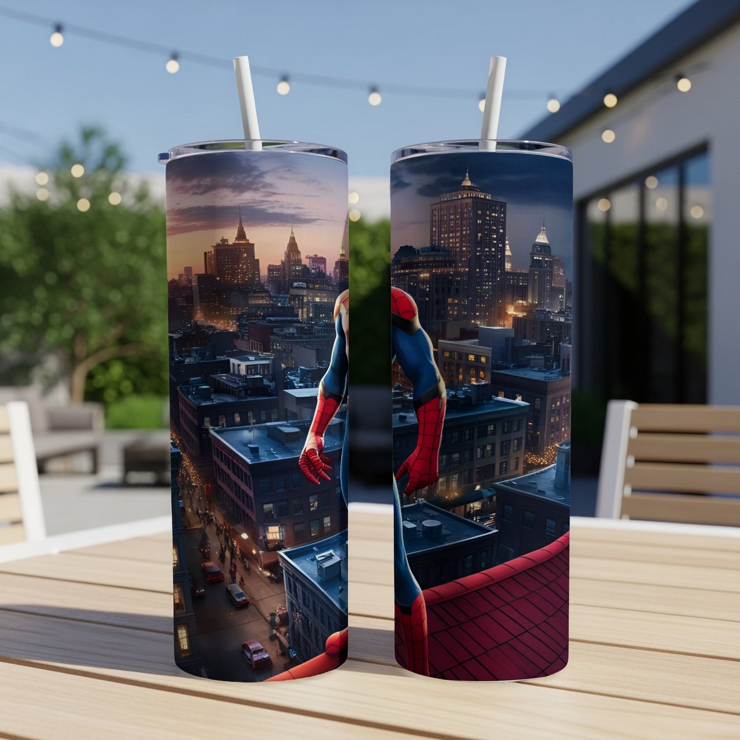 Spider-Man on cityscape background on two tumblers.