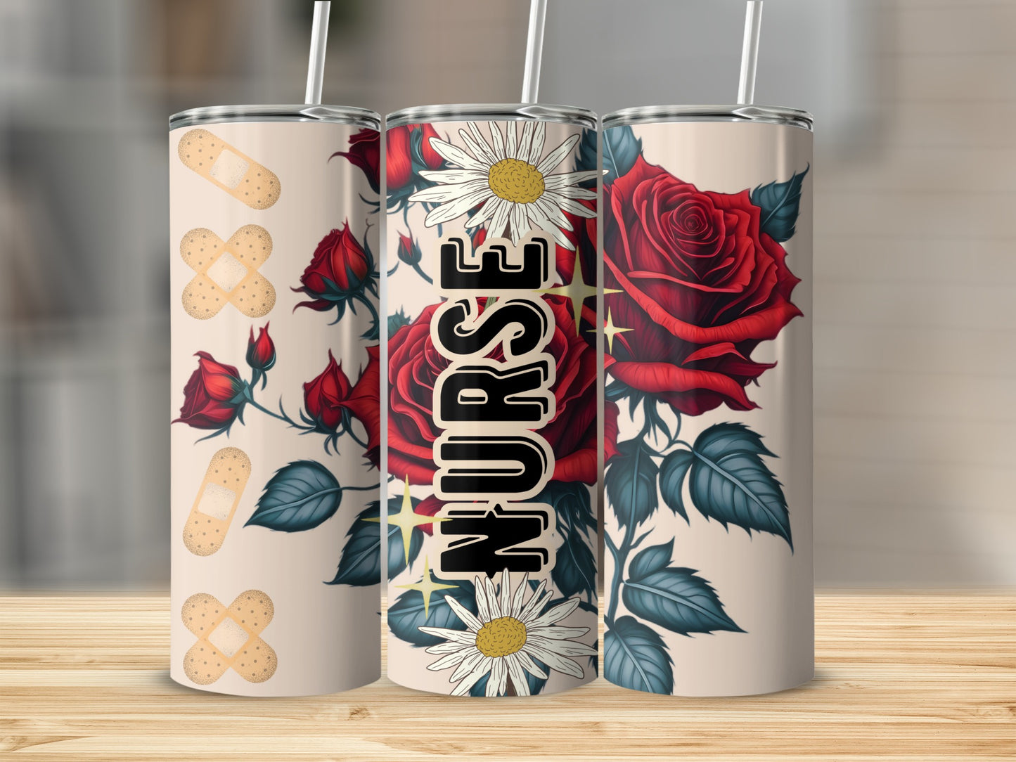 Tumbler with red roses, daisies, and "NURSE" text.