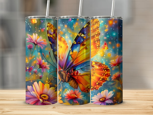 Triptych of colorful tumblers featuring a detailed butterfly and flowers.
