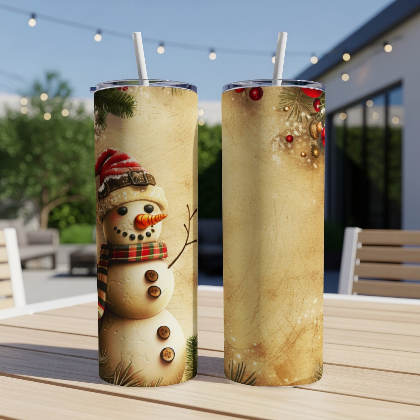 Two festive snowmen on distressed parchment background, outdoor setting.