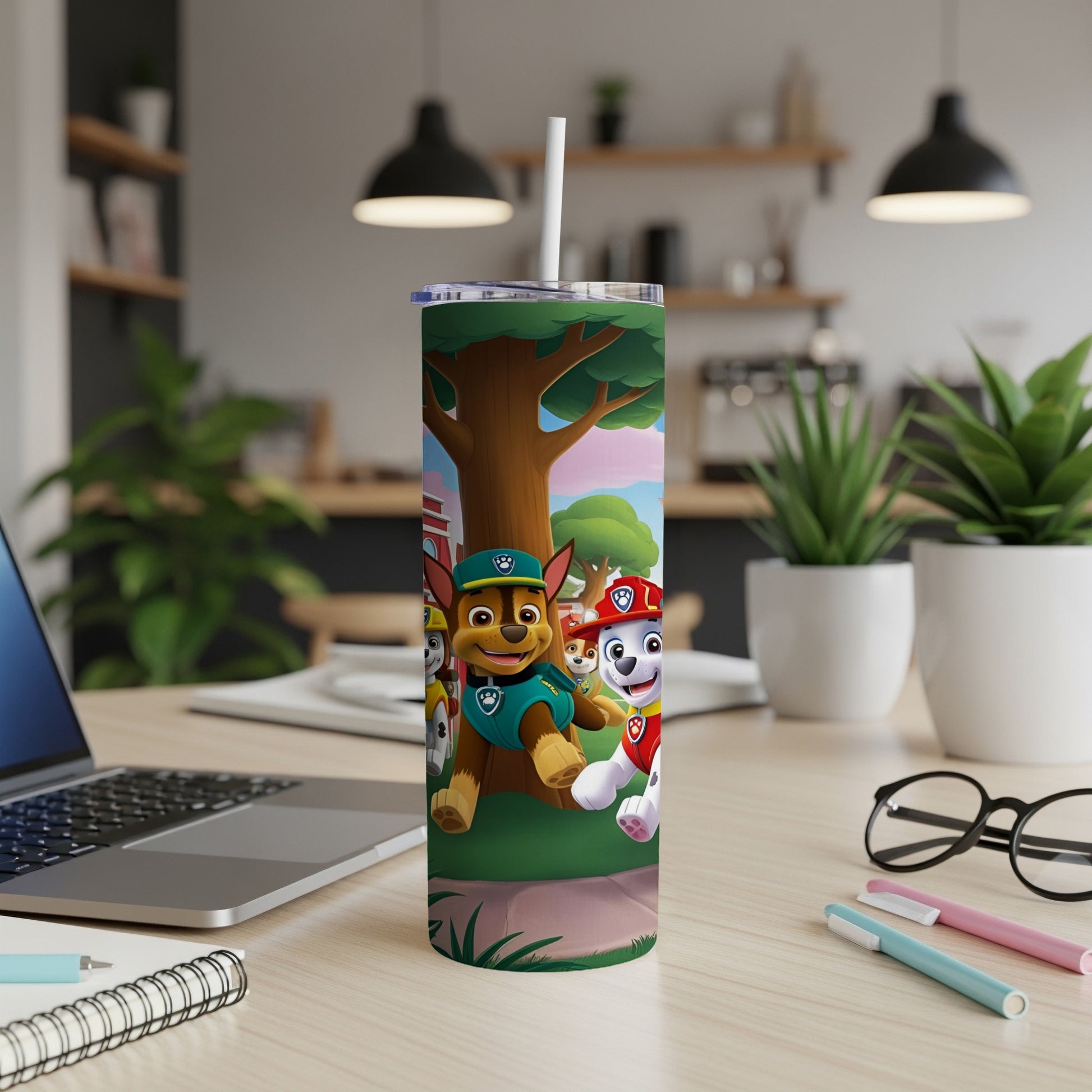 Paw Patrol characters Chase and Marshall standing in front of a tree with straw in a tumbler.