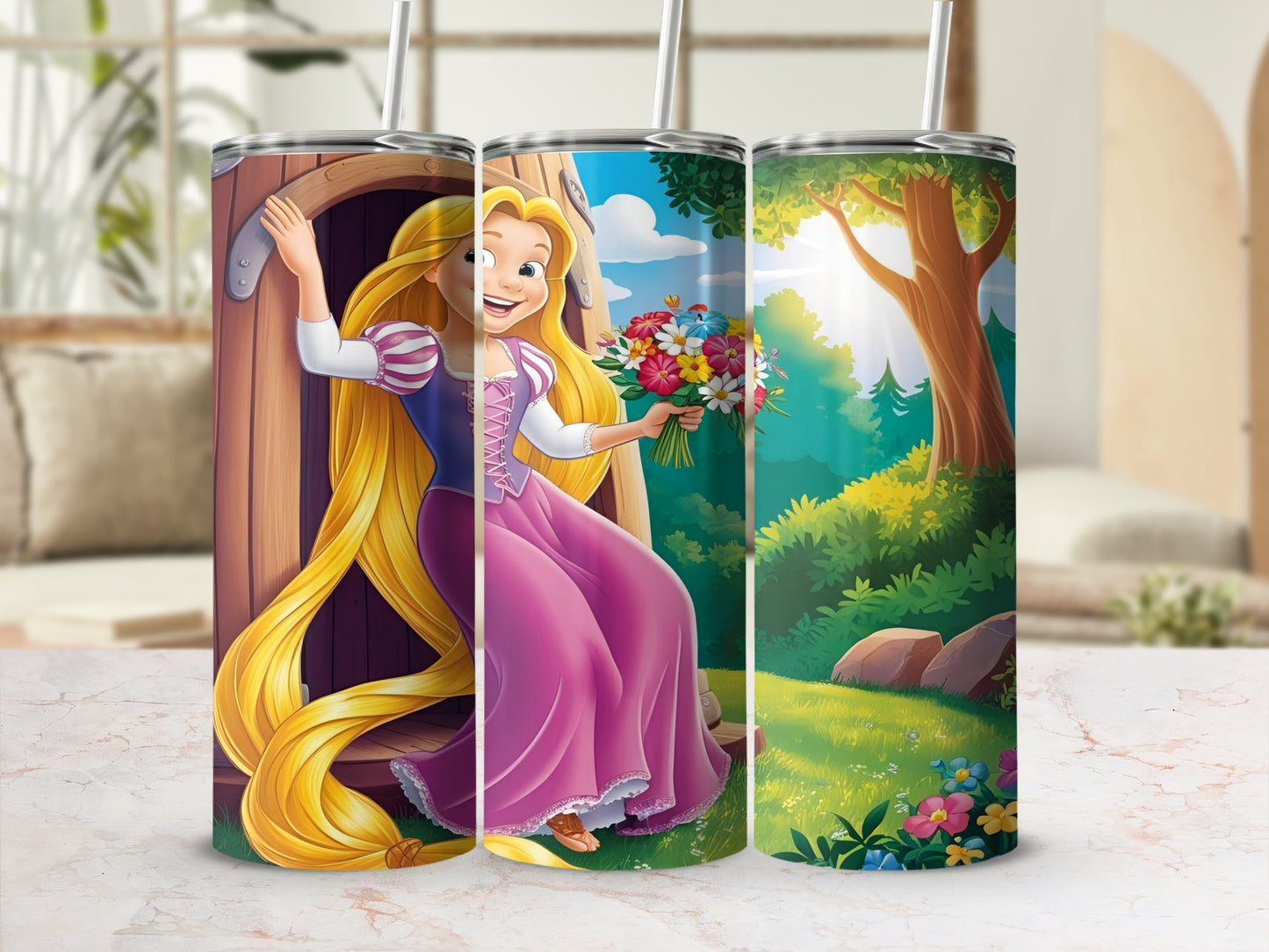 Tangled Rapunzel character with long blonde hair holding flowers, on a tumbler.