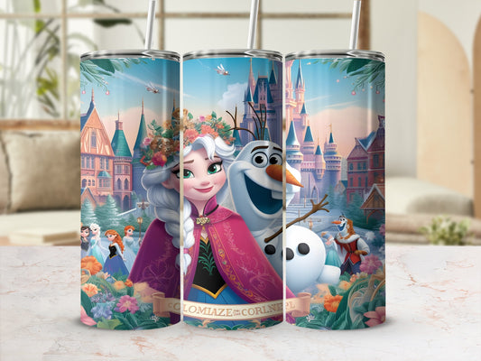 Frozen characters Elsa and Olaf with castles and floral accents on a tumbler.