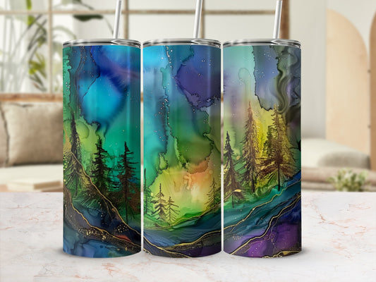 Three tumblers feature a watercolor landscape with trees and swirling galaxy patterns.