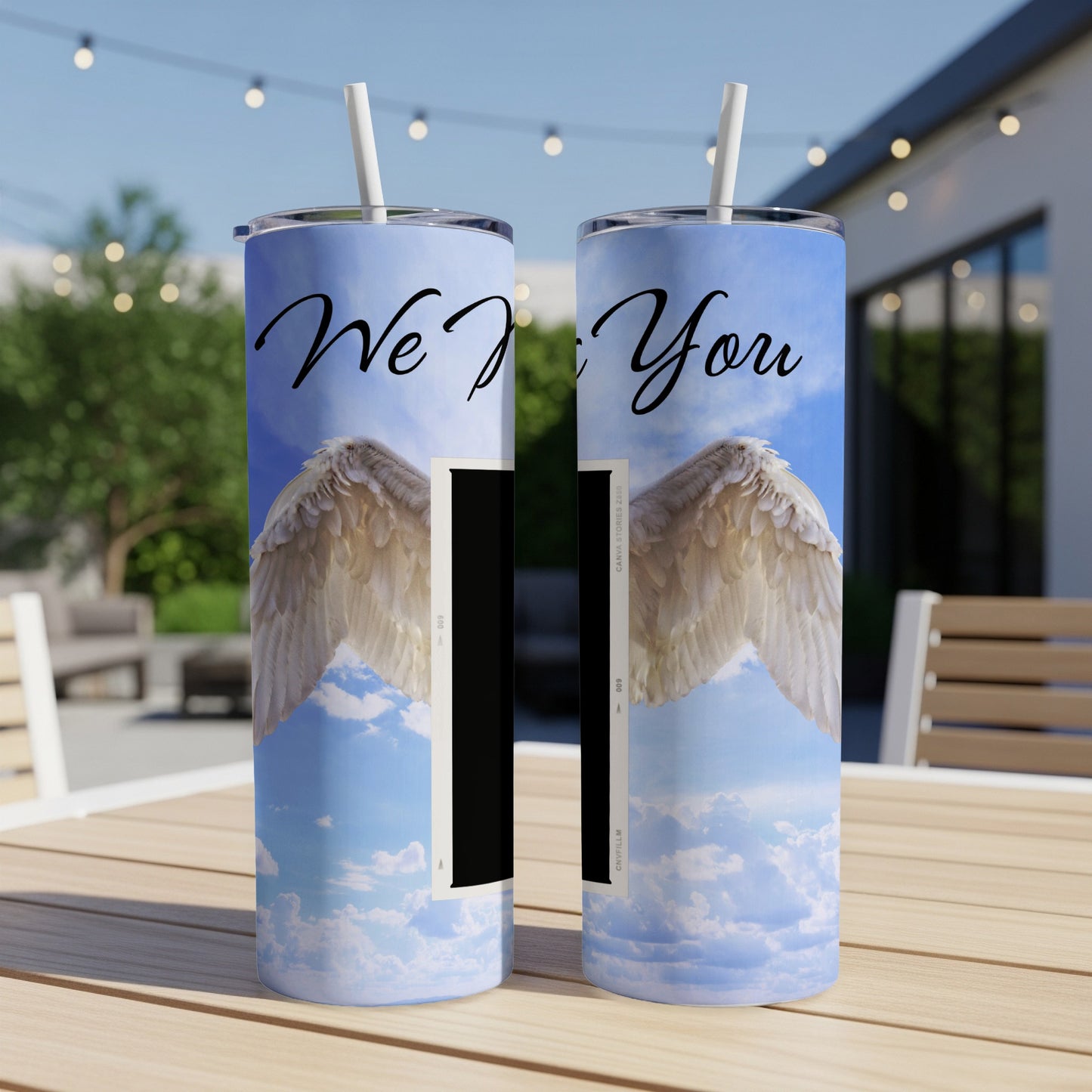 Two tumblers with angel wings and "We miss You" text on a sky background.
