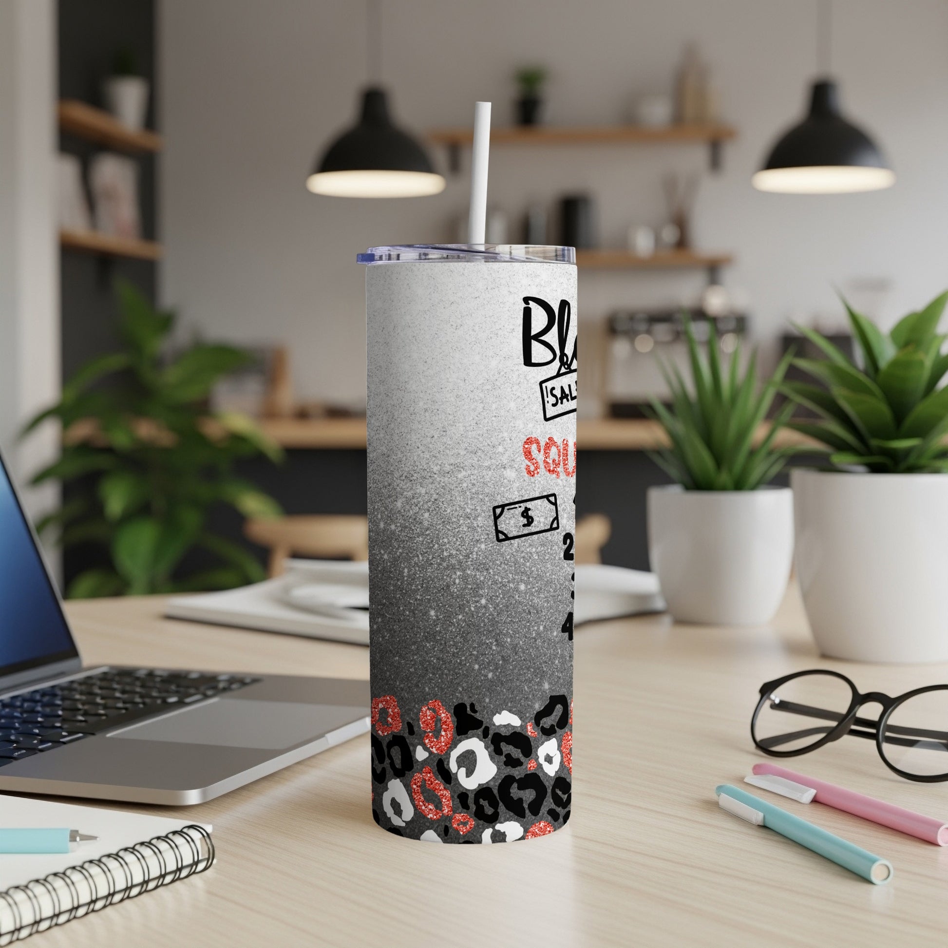 Glitter tumbler with "Boss Babe" text and leopard print accents.