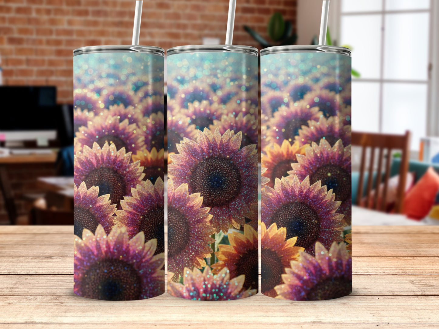 Colorful Sunflower Tumbler with Sparkling Details