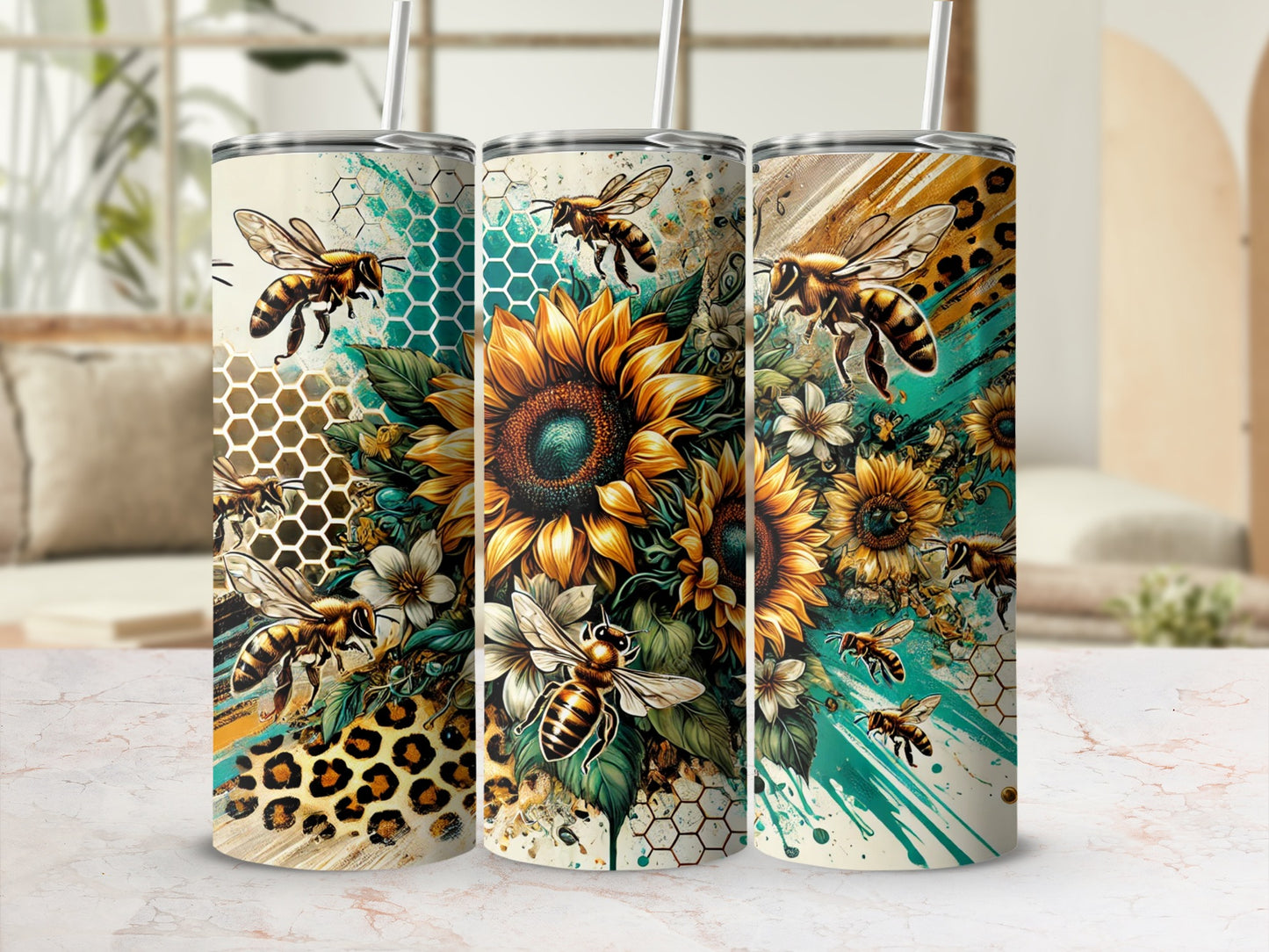 Three tumblers with sunflowers, bees, and leopard print patterns.
