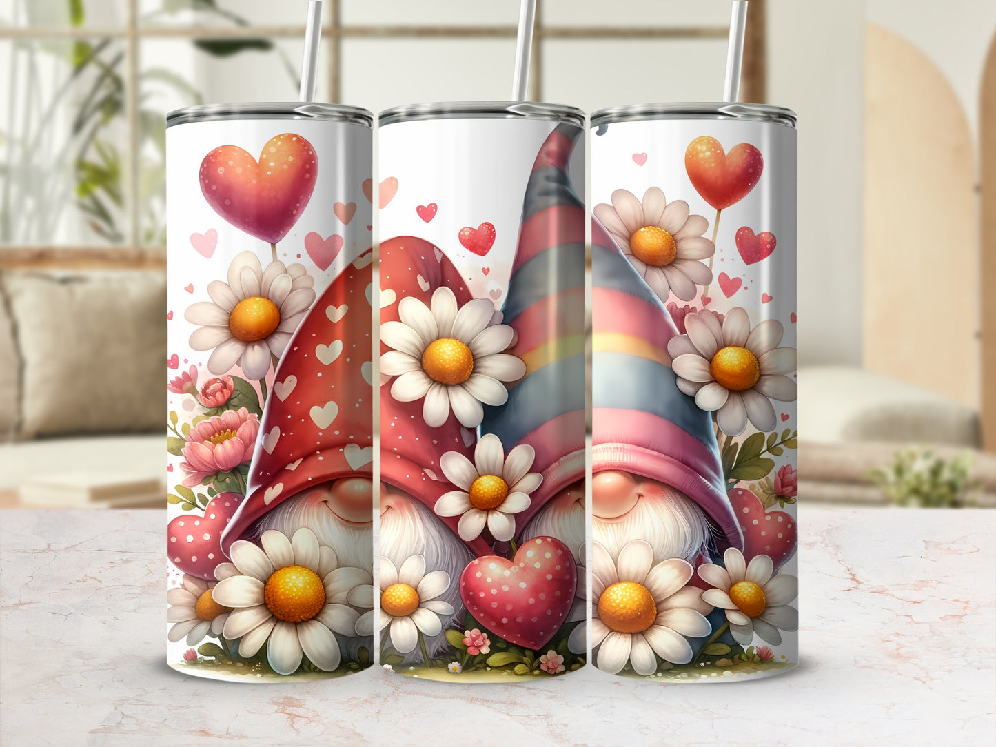 Three gnome tumblers with floral and heart designs, some with striped hats.