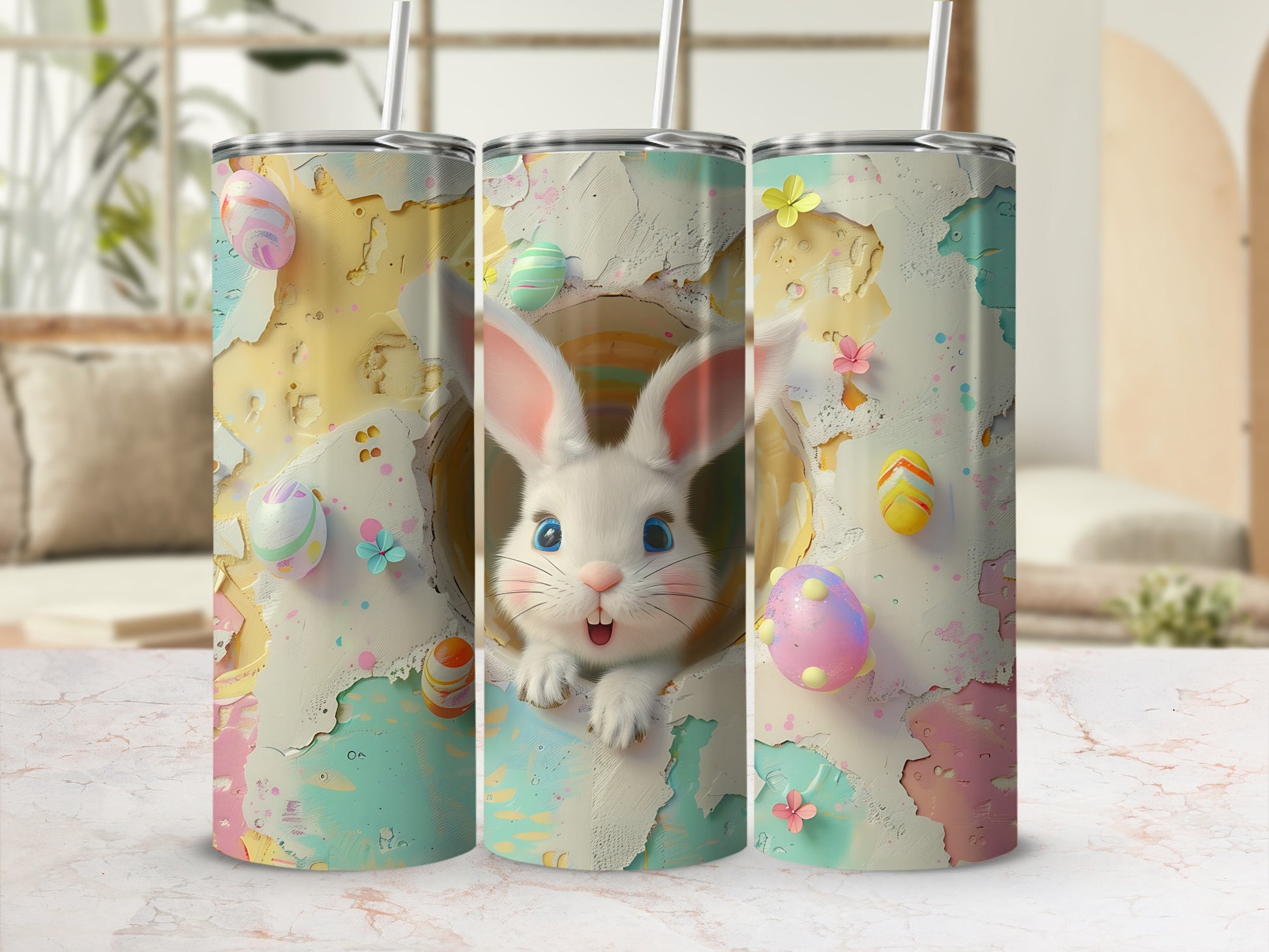 Easter bunny peeking from colorful eggs and flowers on a tumbler.