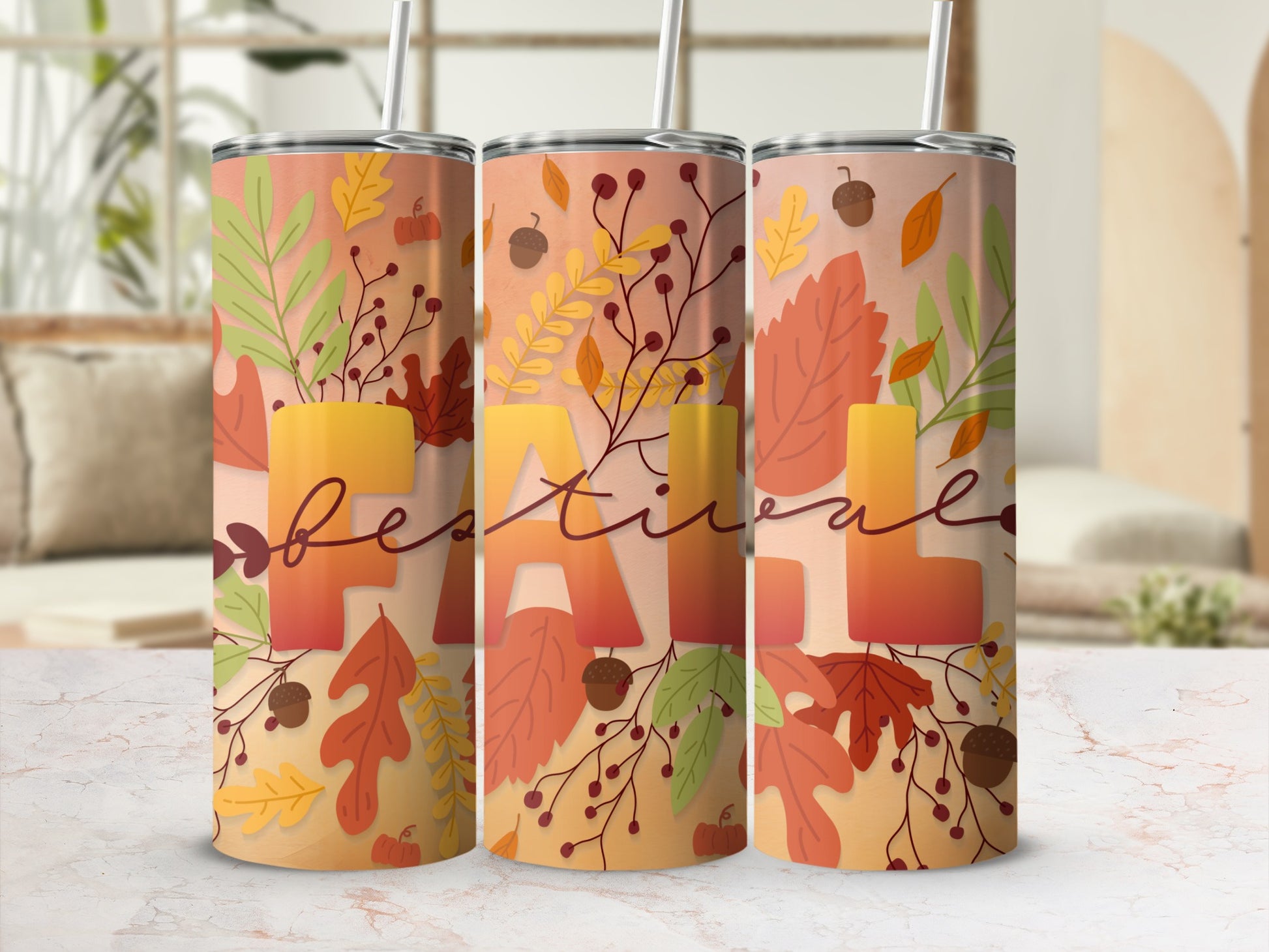Fall Festival Leaves Pattern Insulated Tumbler Cups