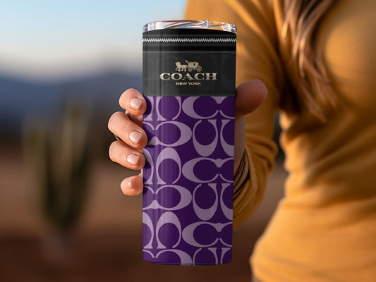 Coach New York Purple Pattern Tumbler Cup Beverage Holder