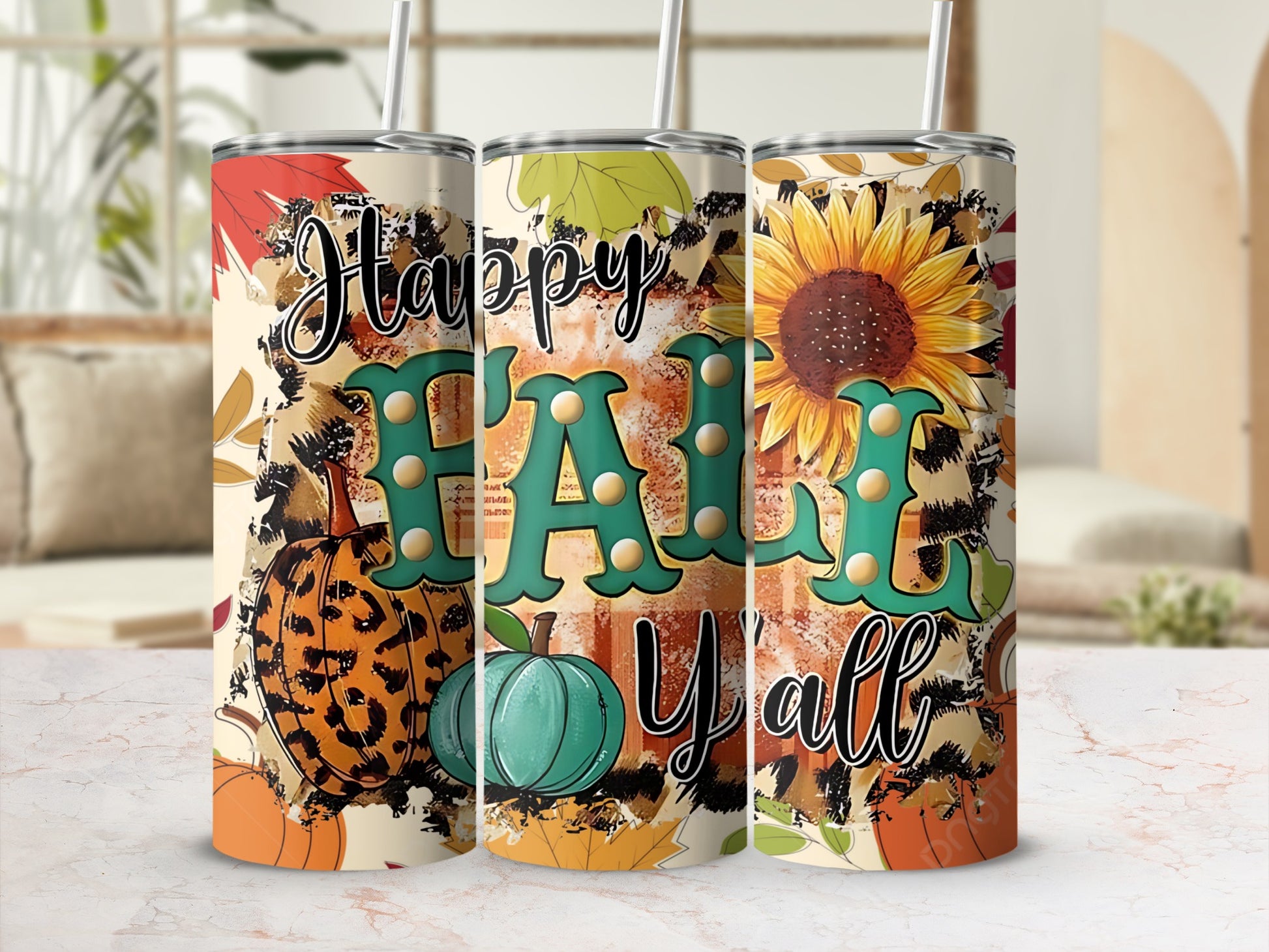 Happy Fall Y'all Leopard Pumpkin Sunflower Tumbler