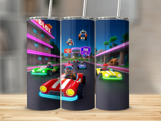Roblox racing game with colorful cars and characters on a neon-lit track.