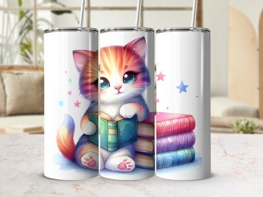 Cute watercolor kitten sitting on stack of books with straw.
