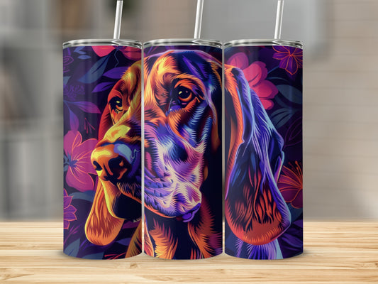 Basset hound portrait with floral background on three tumblers.