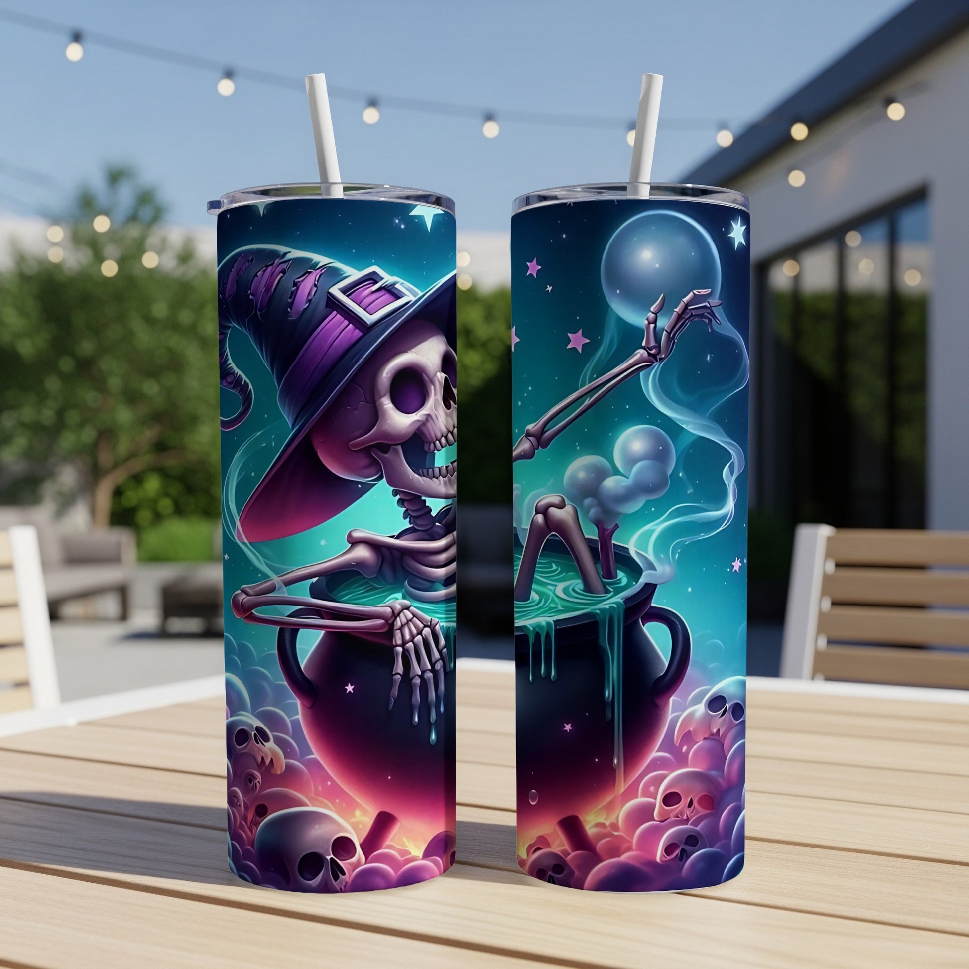 Two tumblers featuring a skeleton witch brewing a potion surrounded by skulls.