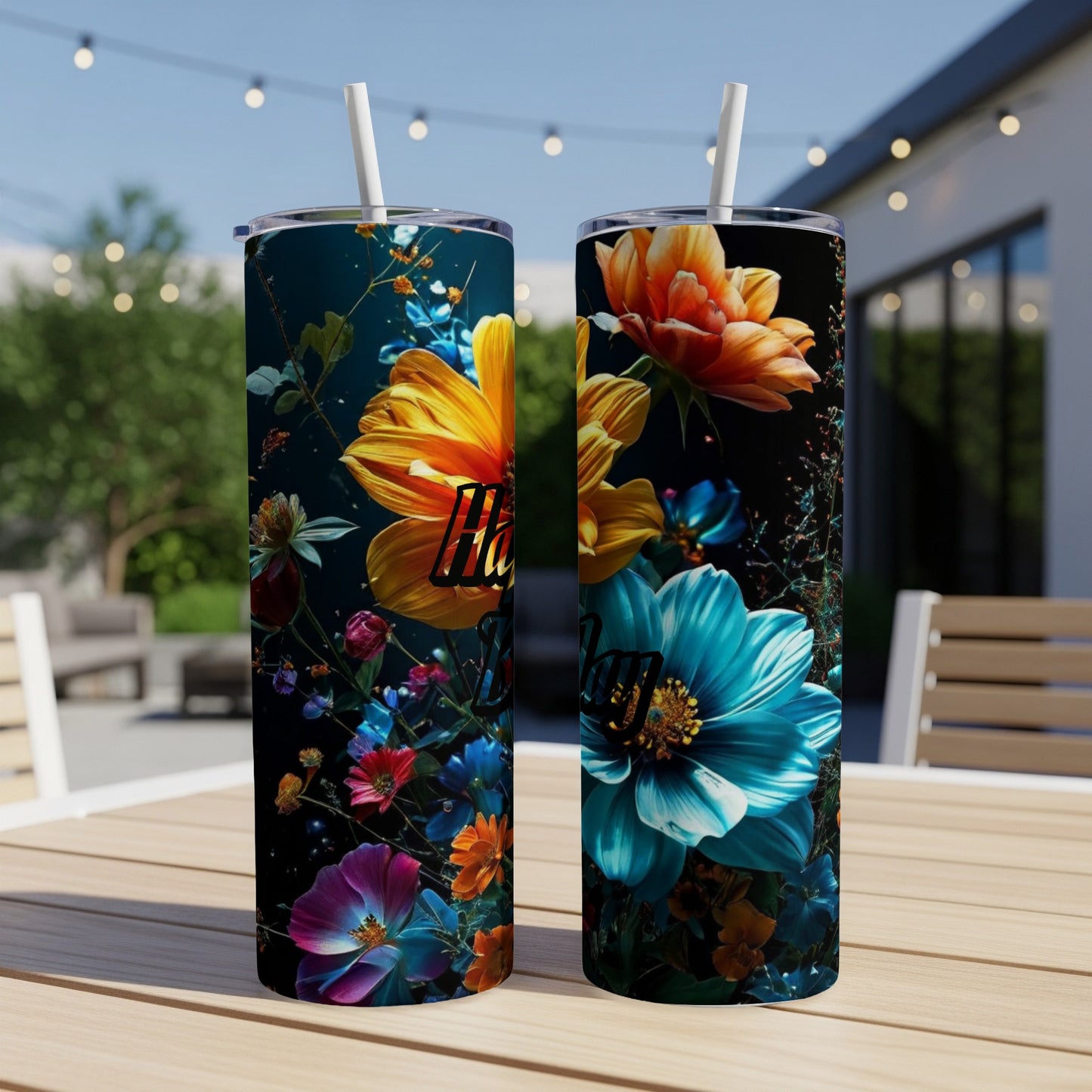 Two floral-patterned tumblers with straws on a wooden table.