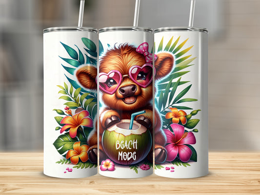 Cute cow with sunglasses and coconut drink on tumbler.