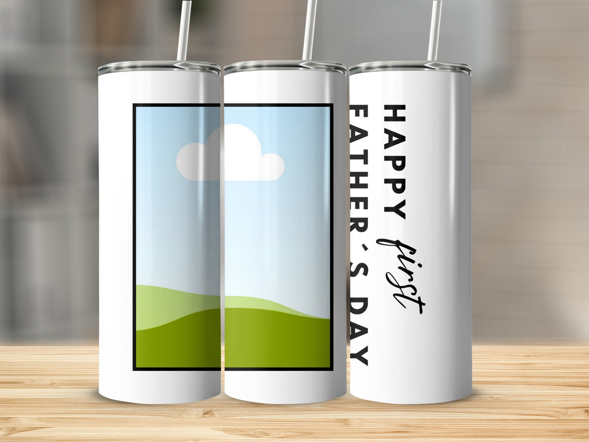 White tumblers with "Happy First Father's Day" text and a landscape graphic.