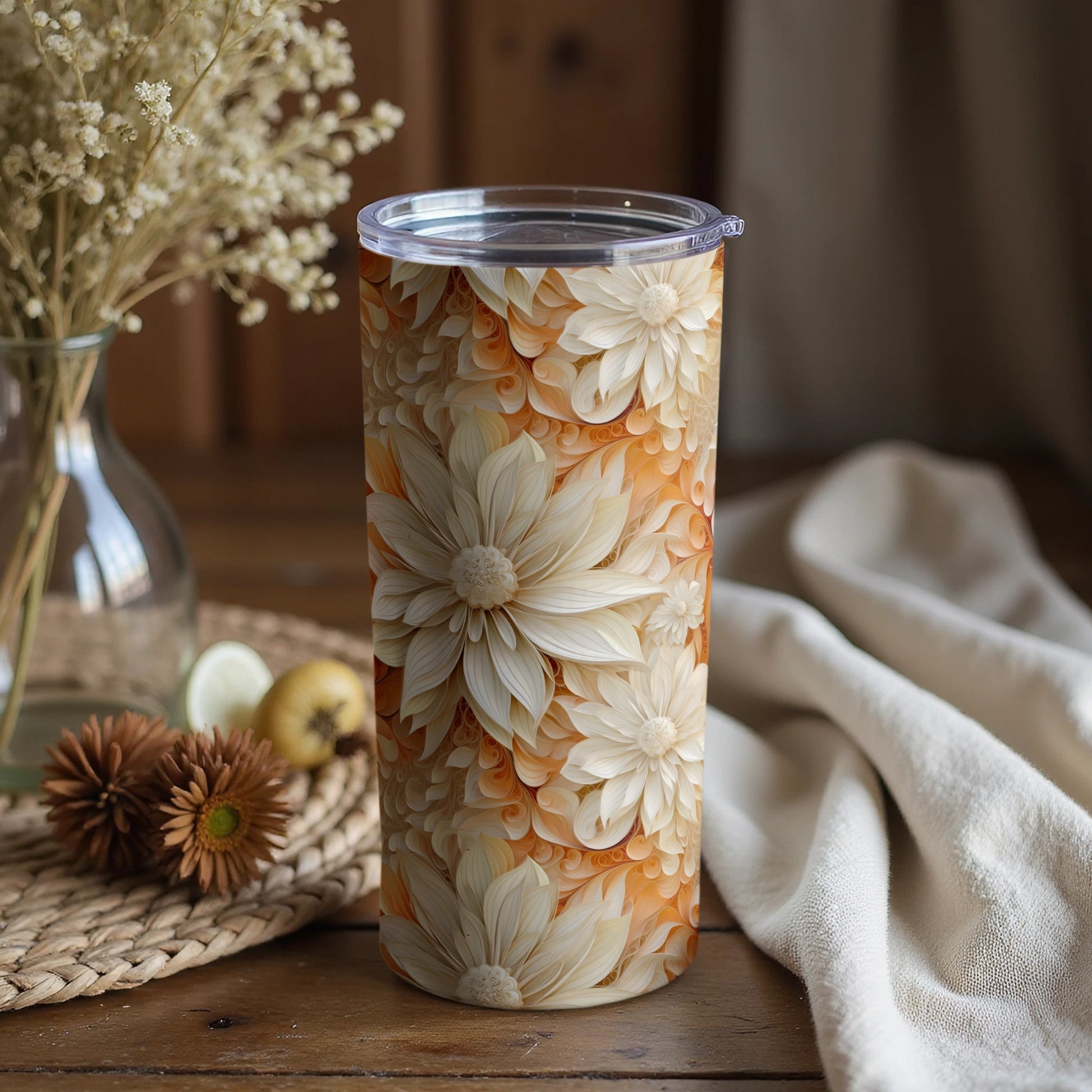 Floral Pattern Insulated Tumbler with Lid Drinkware