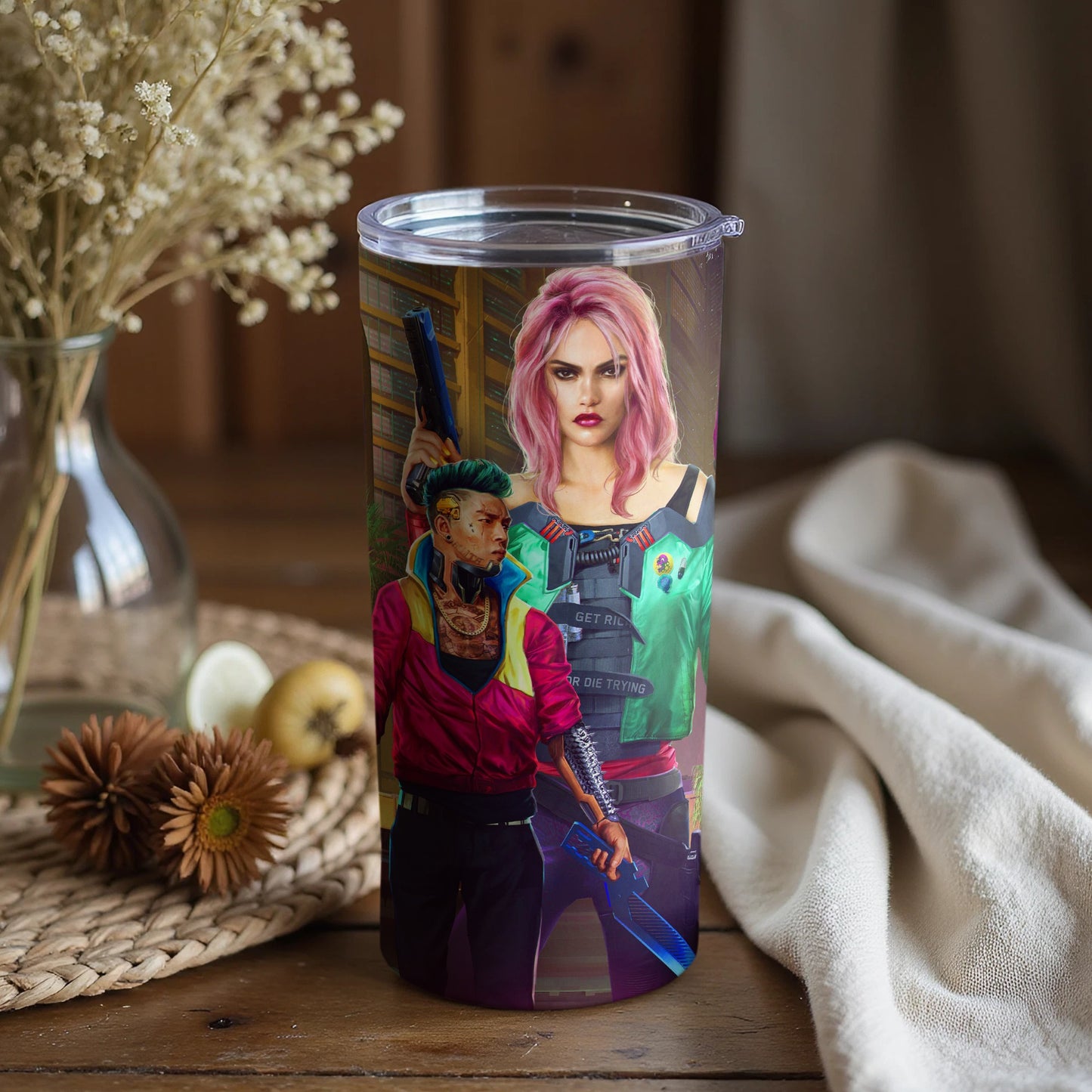 Vivid cyberpunk warriors design travel tumbler product