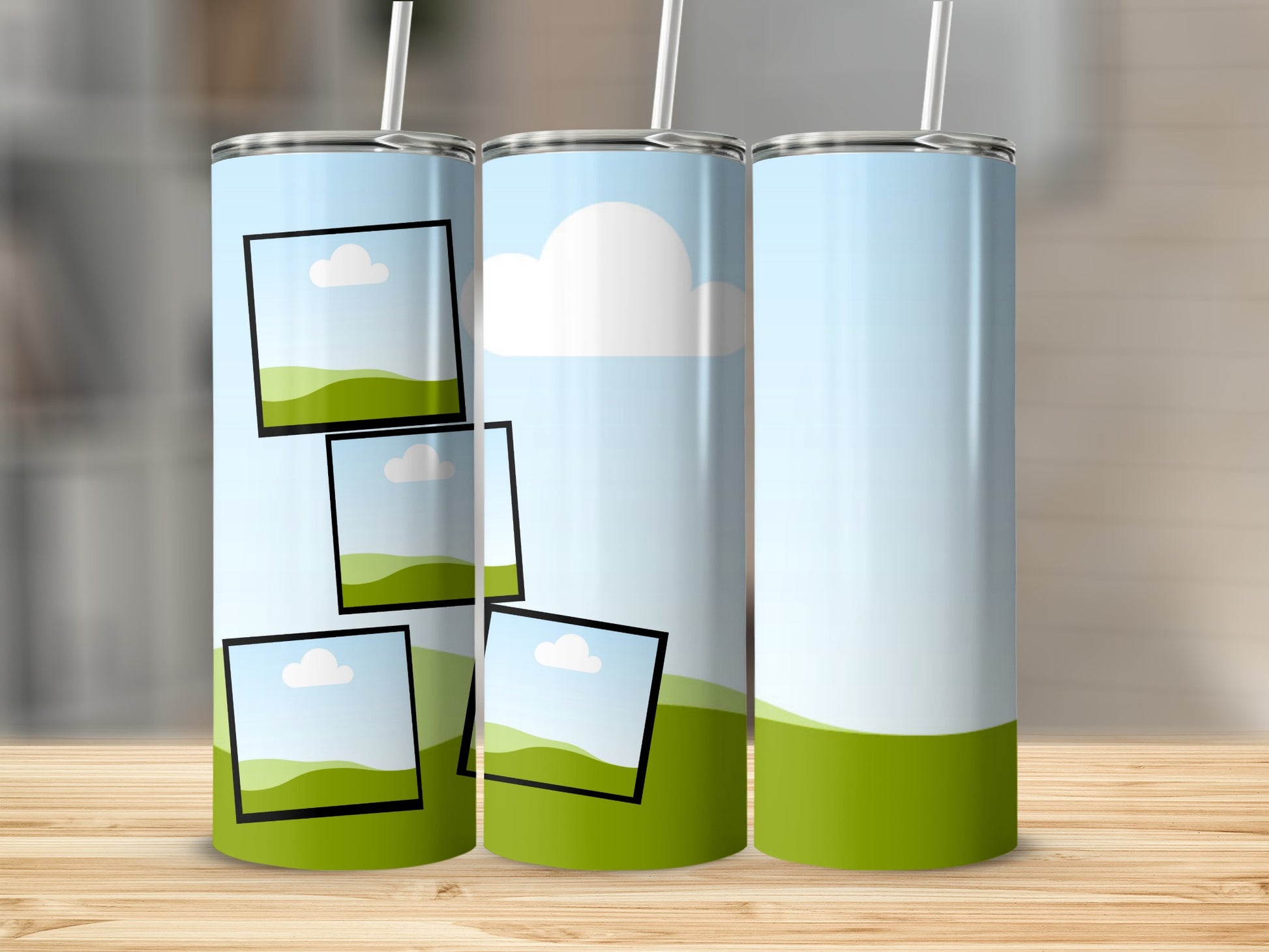 Three tumblers display a sky and rolling green hills design with photo frames.