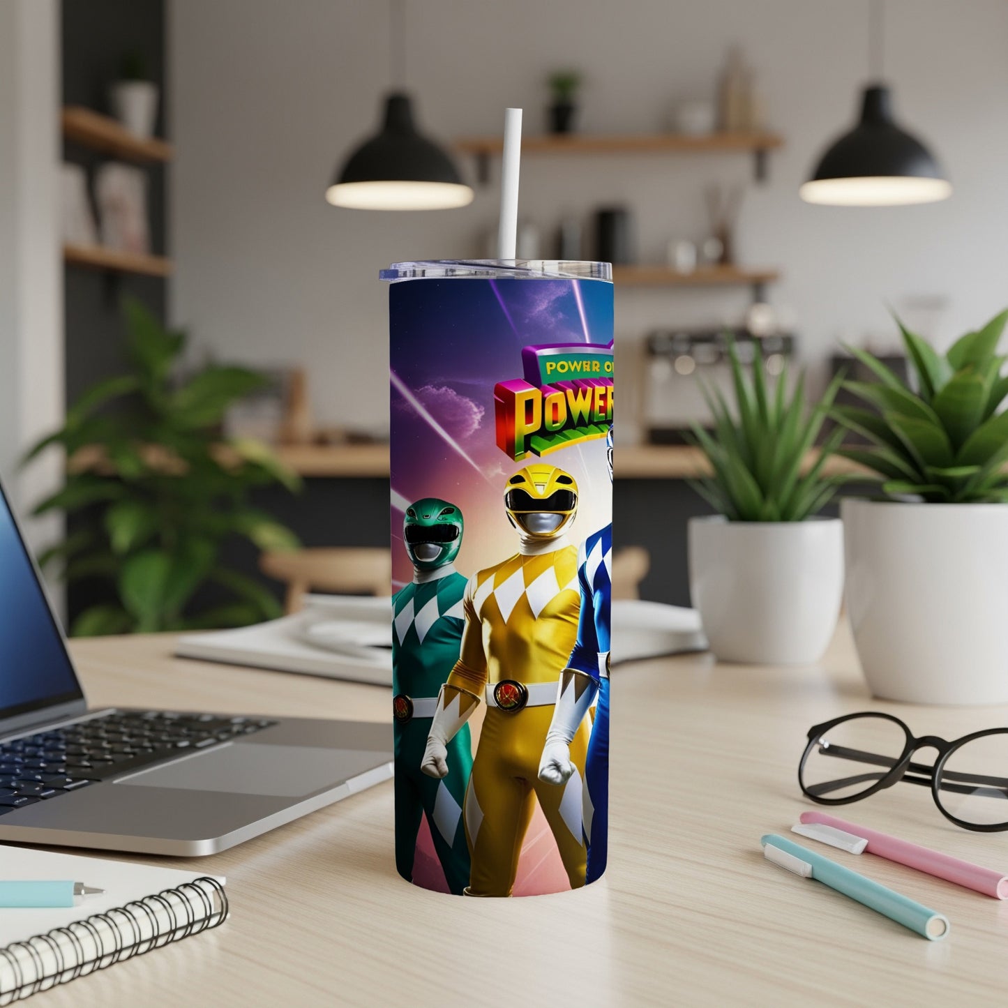 Power Rangers characters on a tumbler with "Power Rangers" text.