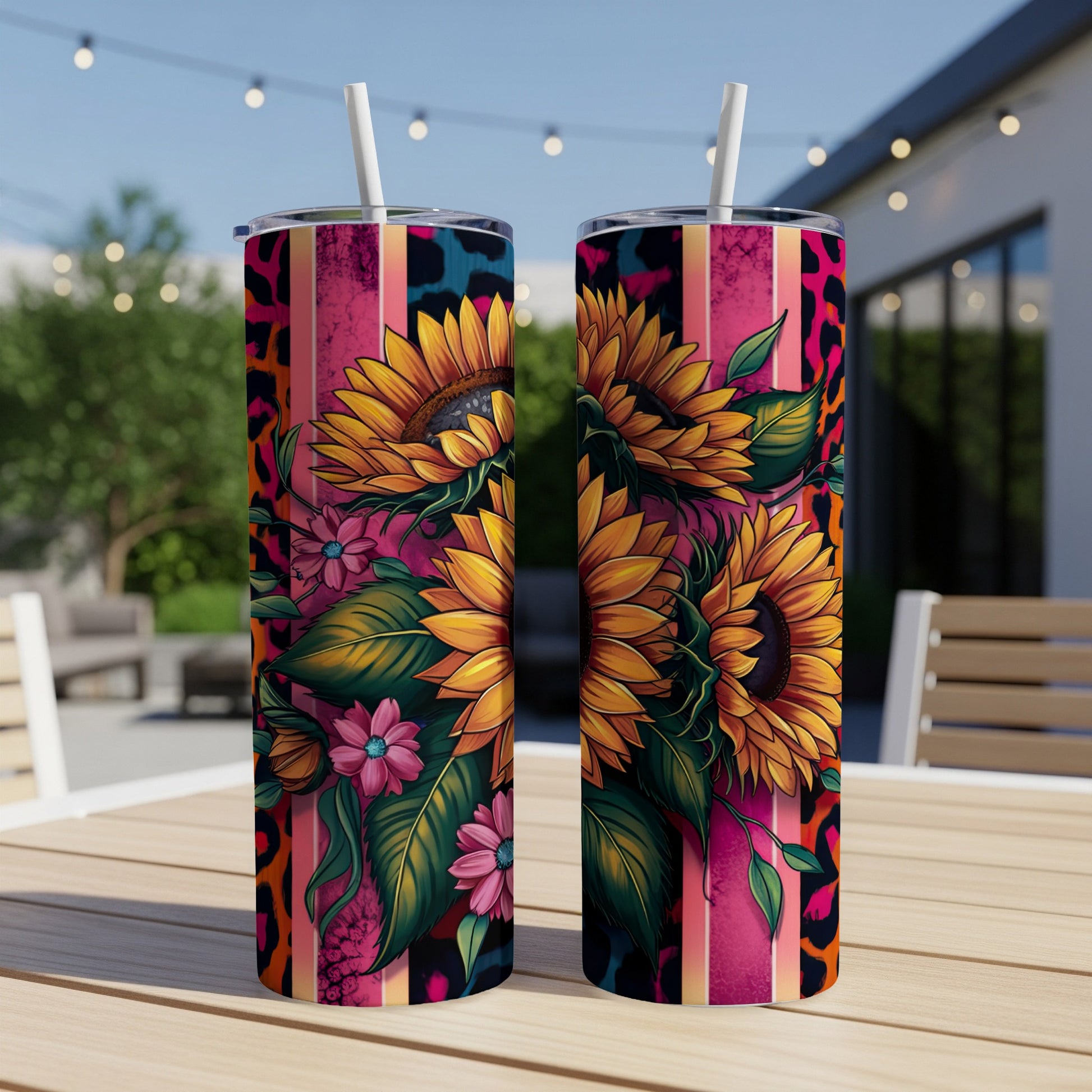Two tall tumblers with sunflowers, pink and yellow stripes, and leopard print.