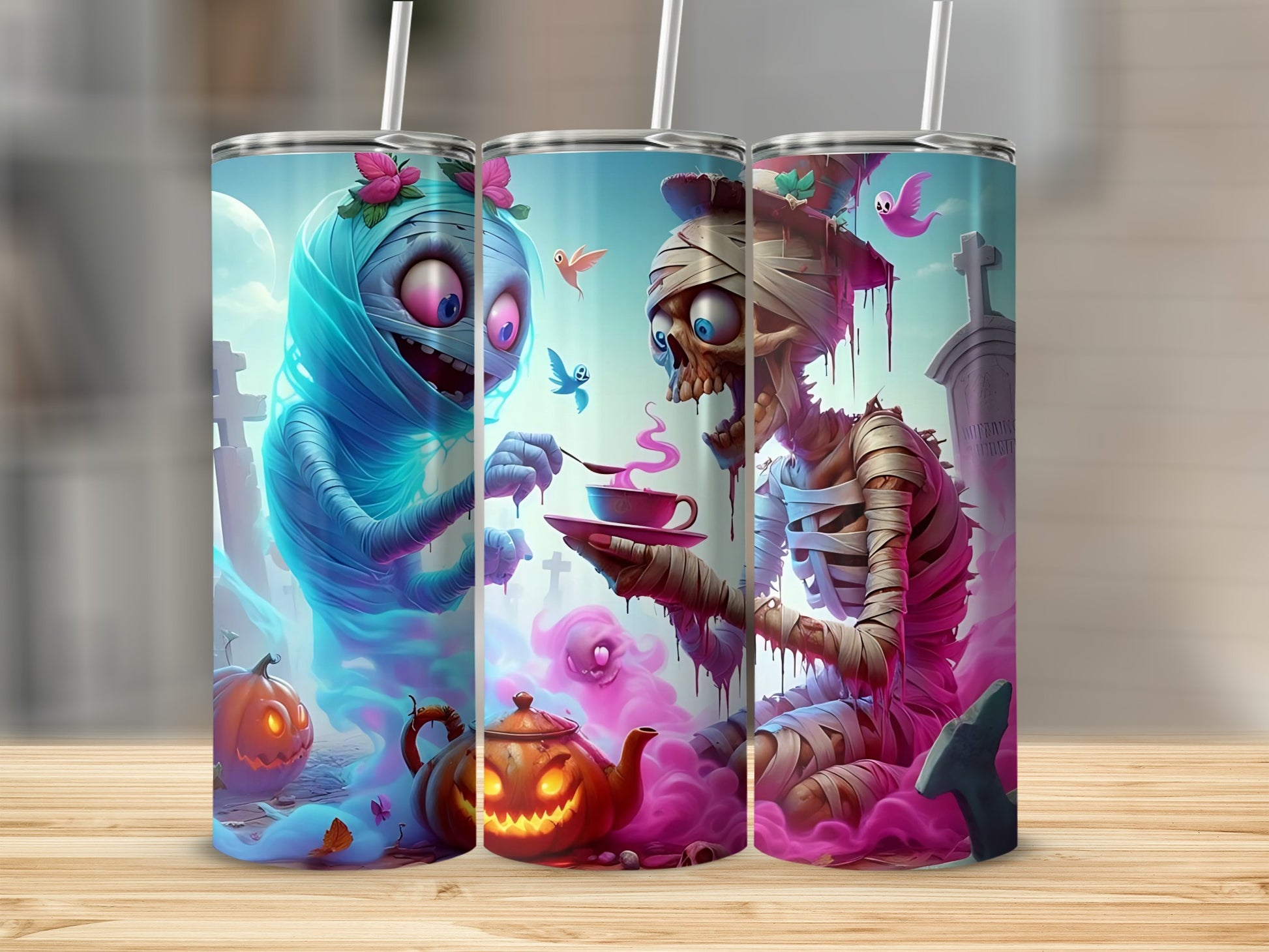 Three tumblers feature Halloween art of mummies, pumpkins, and ghosts with spooky scenery.