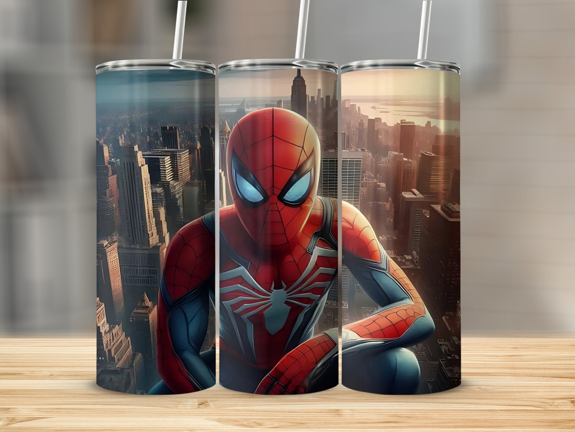 Spider Hero Design Tumbler with Cityscape Background