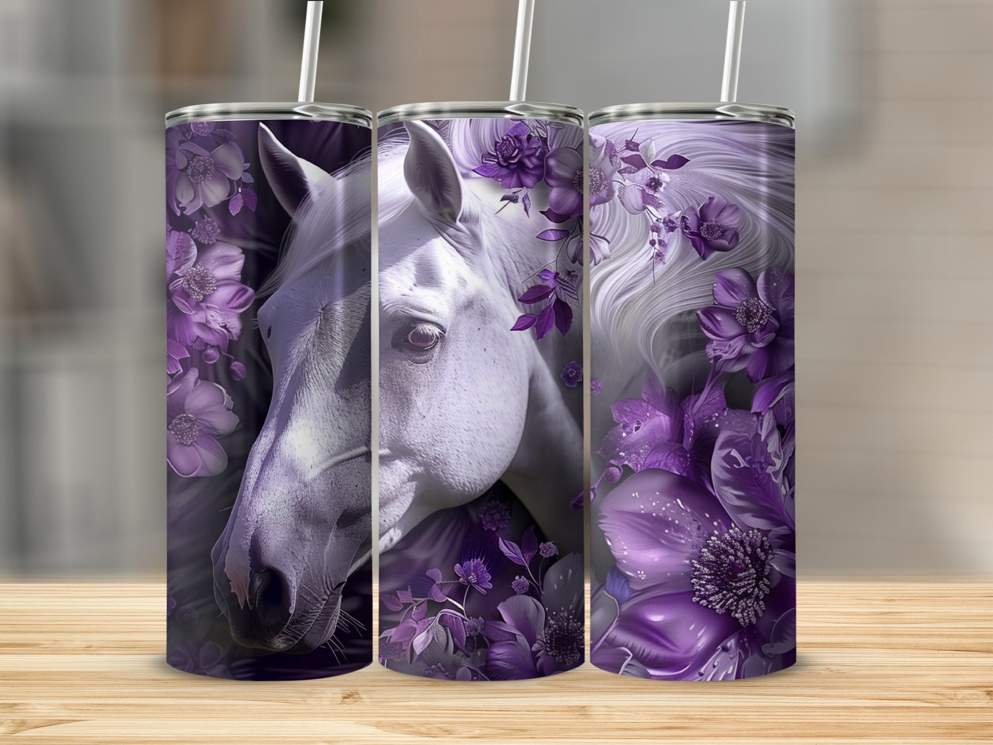 White horse head with purple flowers on a tumbler.