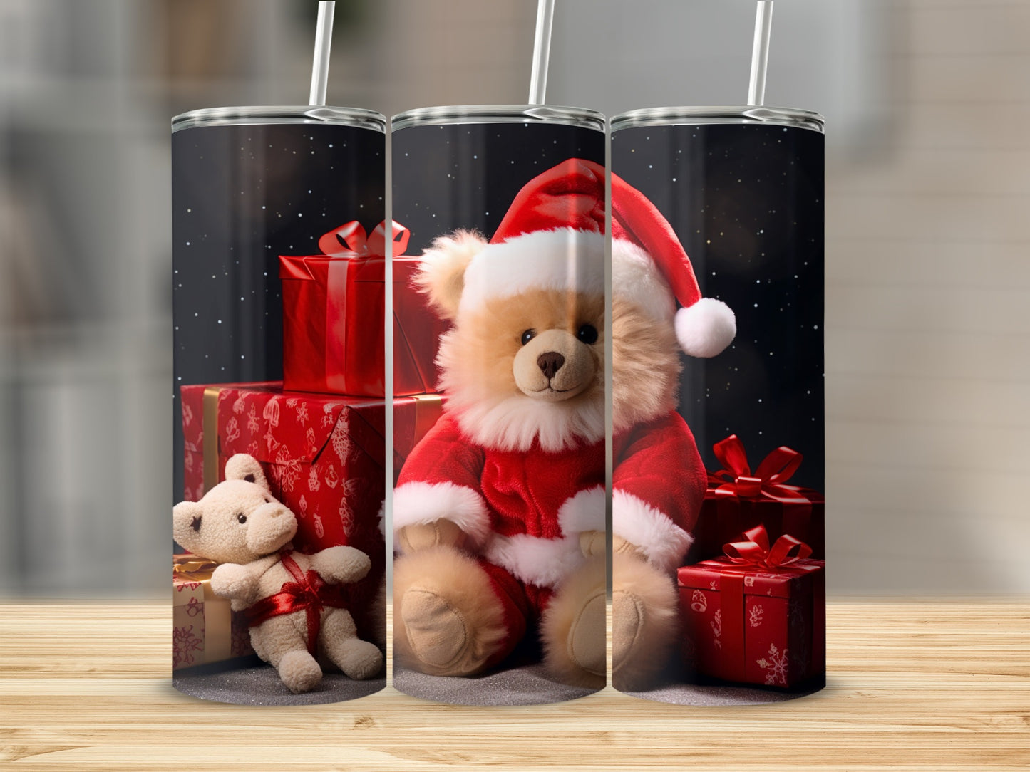 Christmas Santa Bear and Gifts Tumbler with Straw